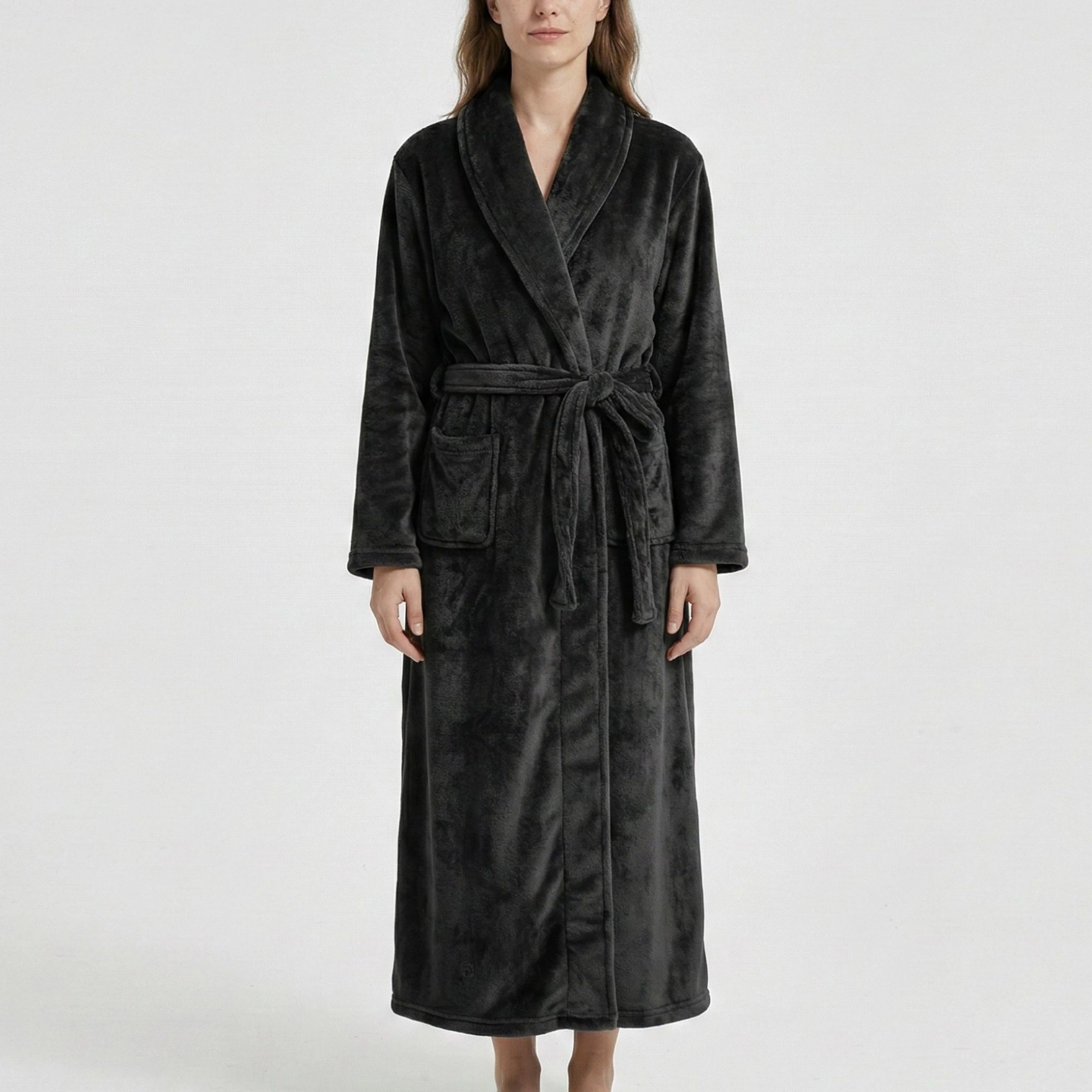 Anna-Kaci Women's Plush Shawl Collar Long Bathrobe Full Length Wrap Adjustable Waist Tie Sleeves and Front Pockets