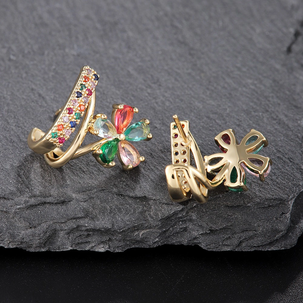 Colorful Flower Cubic Zirconia Huggie Earring Gold Plated Rainbow CZ Twisted Hoop Earring