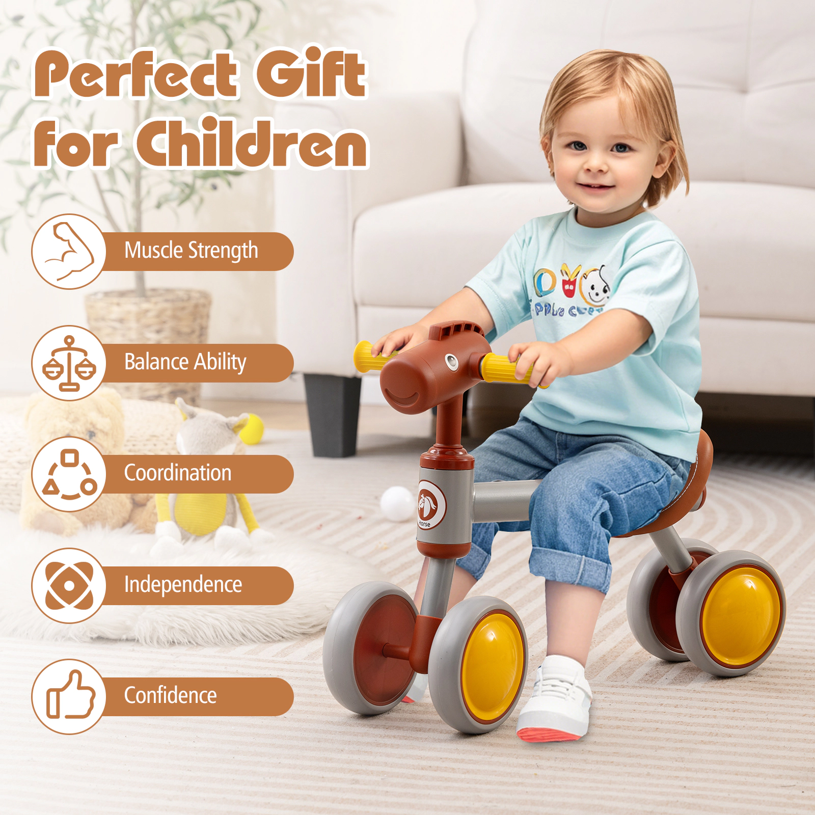 SUGIFT Brown No Pedal 4 Wheel Ride On 135 Degree Limit Steering Baby Balance Bike