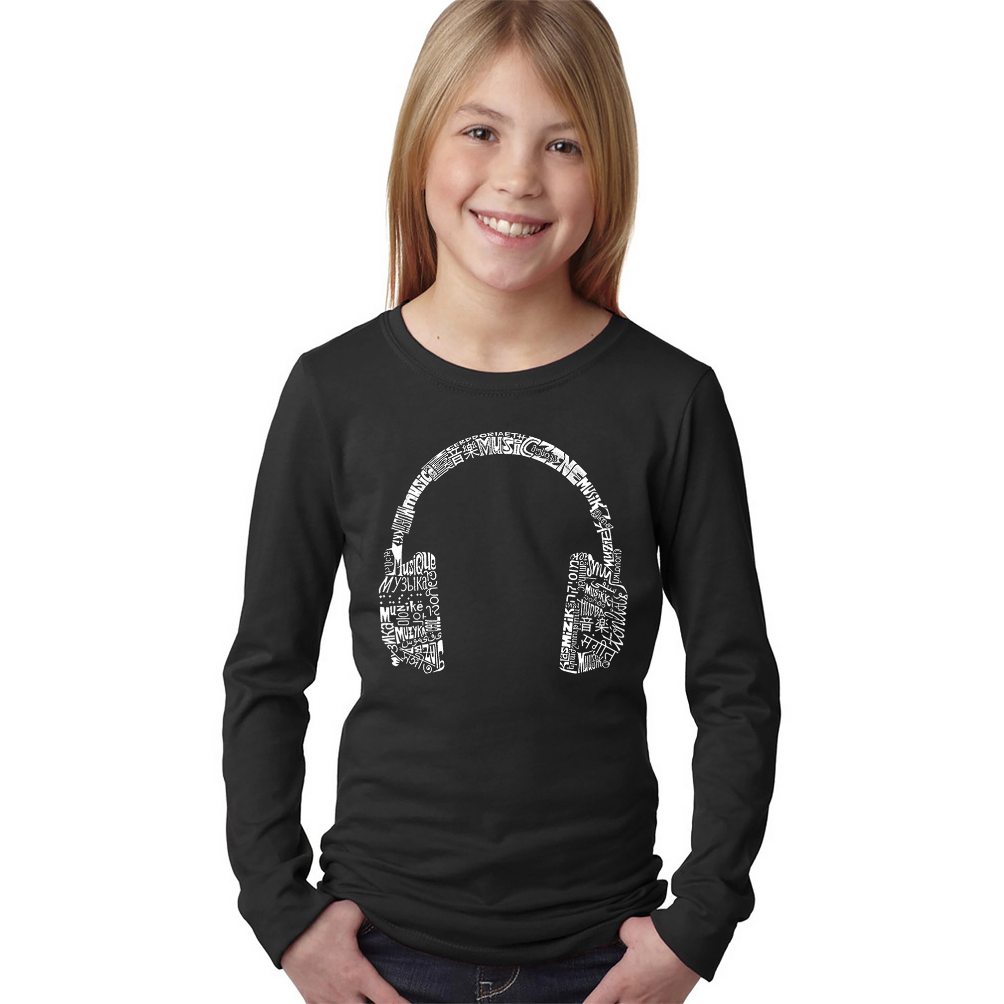 LA Pop Art Girls Long Sleeve Word T-Shirt - HEADPHONES LANGUAGES