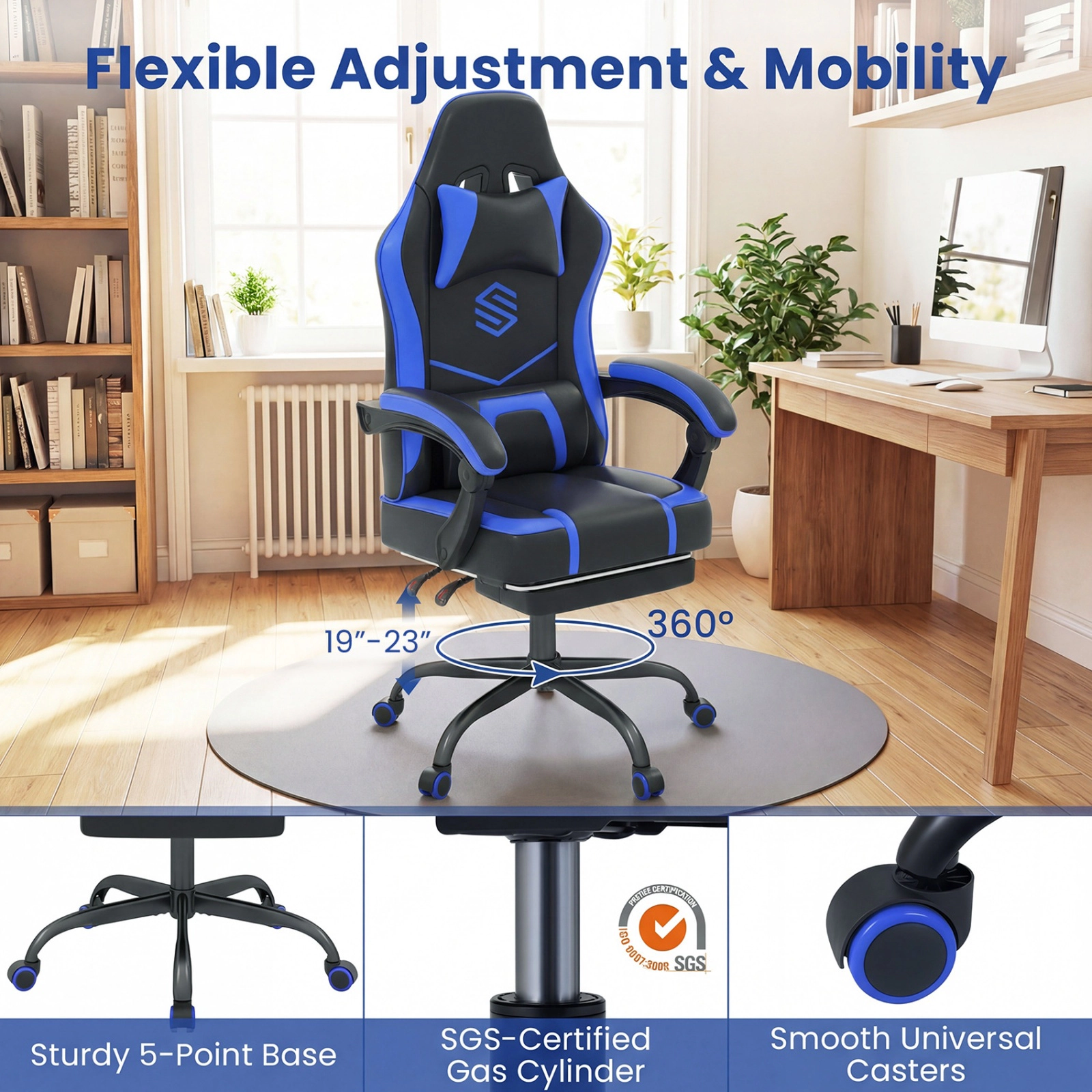 SUGIFT Navy Ergonomic Reclining Gaming Chair with Footrest and Headrest