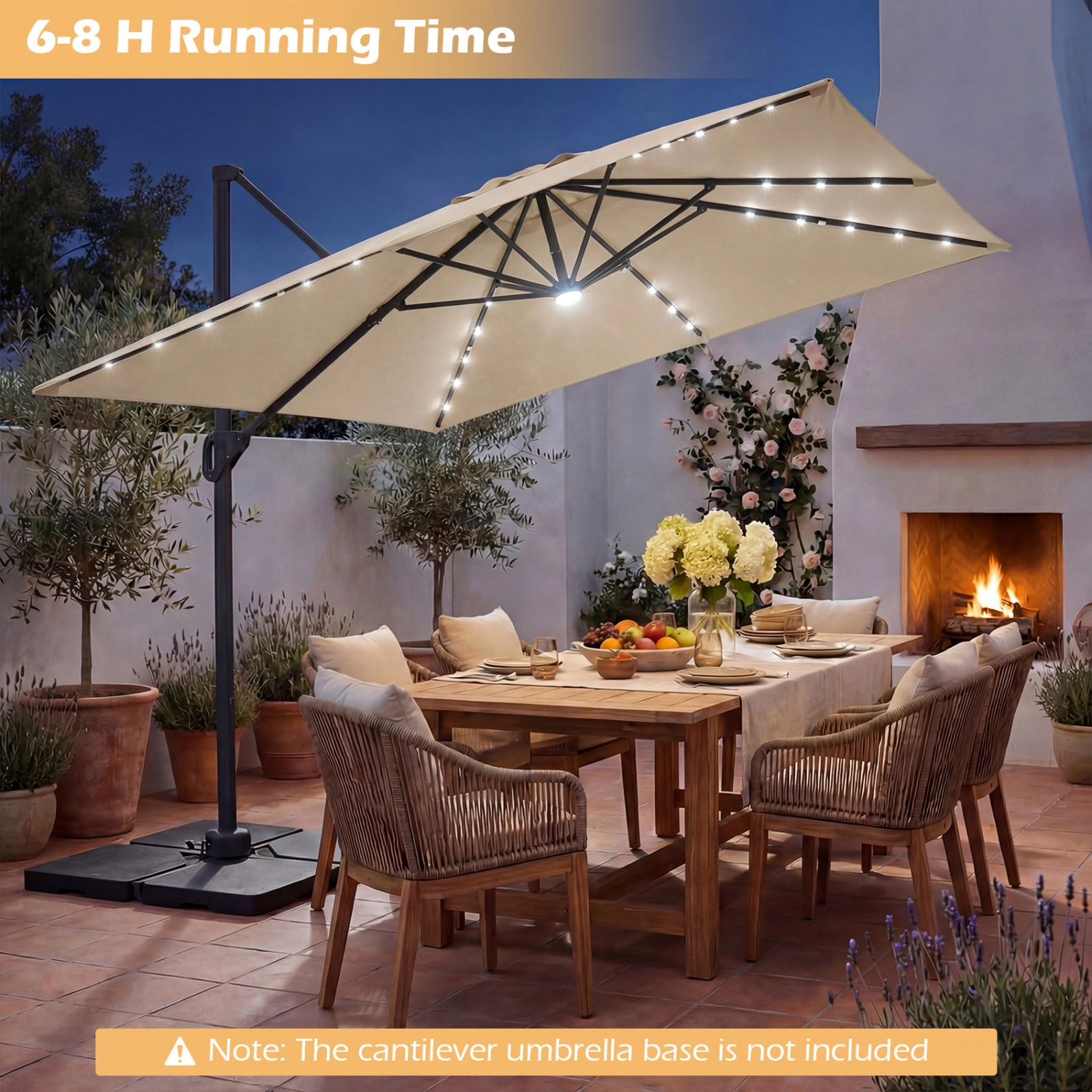SUGIFT Solar LED Cantilever Patio Umbrella with Crank Lift 10-ft Canopy with 360-Degree Rotation and Tilt Beige
