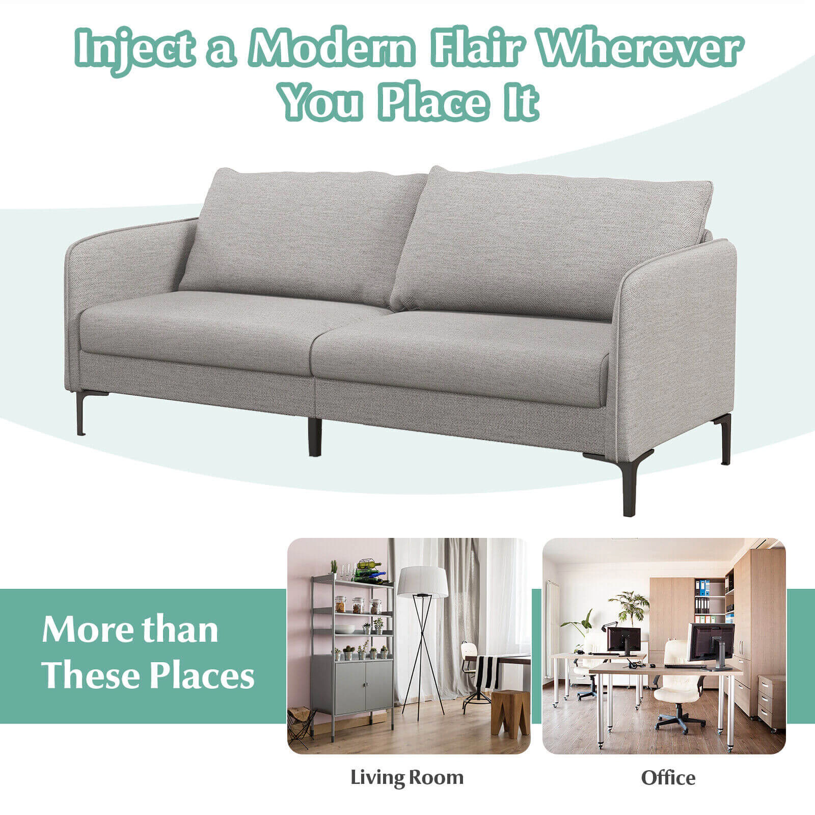 SUGIFT Gray 76-In Modern Loveseat Sofa with 105° Backrest, Metal Legs