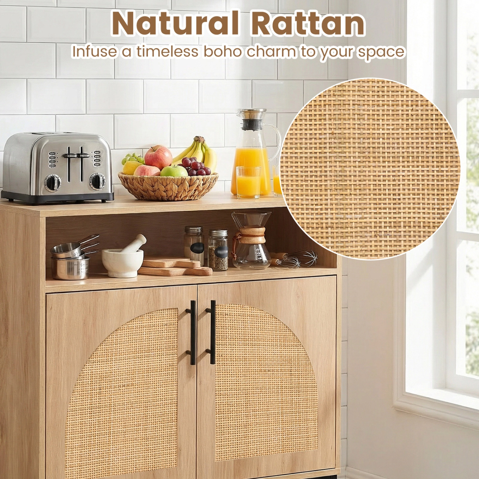 SUGIFT Rattan Door Sideboard Buffet Cabinet with Shelf 145-lb Capacity 32.5-in Tall 32-in Wide 2-Door Natural/White