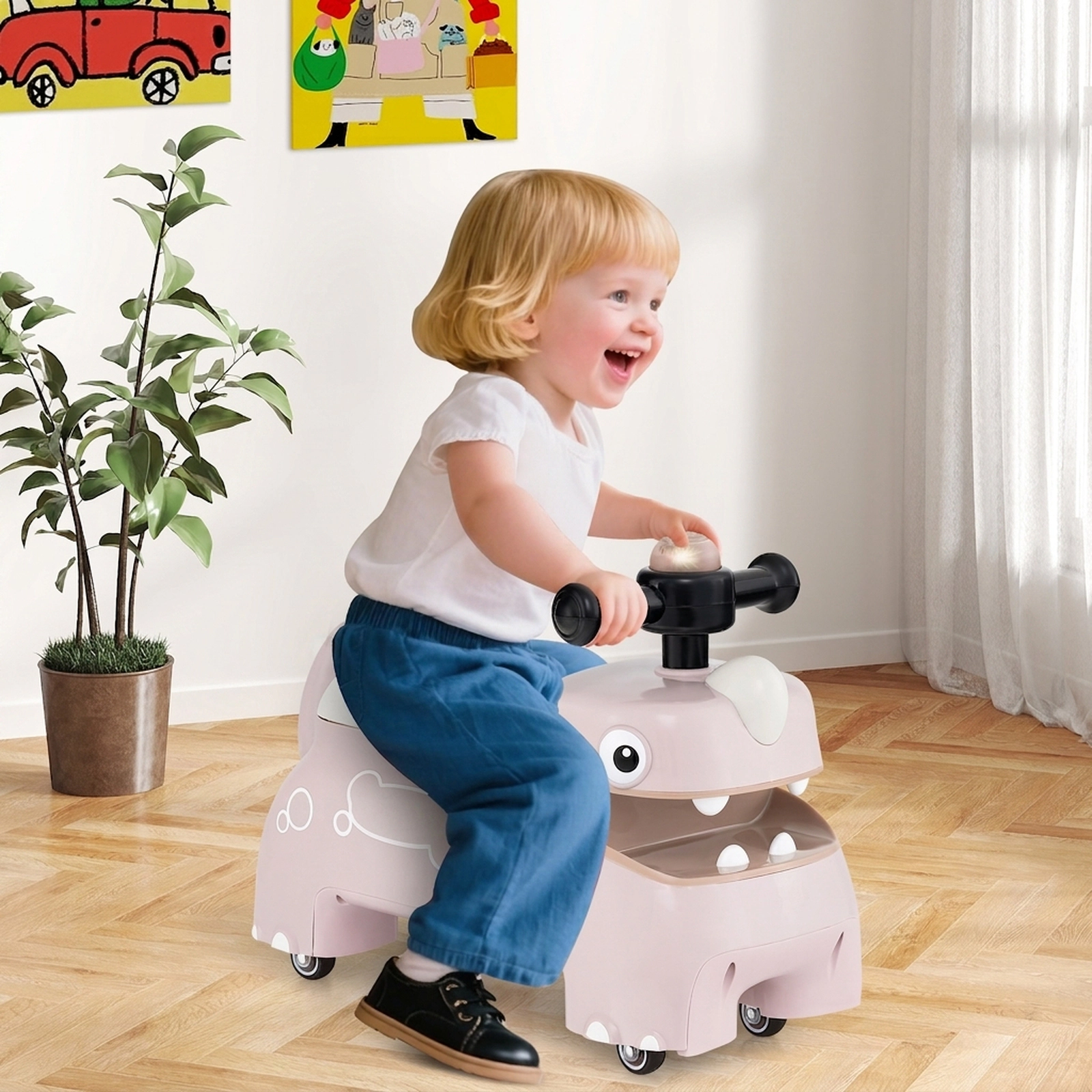 Toddler Ride on Sliding Car Pink Under Seat Storage LED Lights 6 Sounds Push-Along Walker 18 Months+ 55-lb Capacity