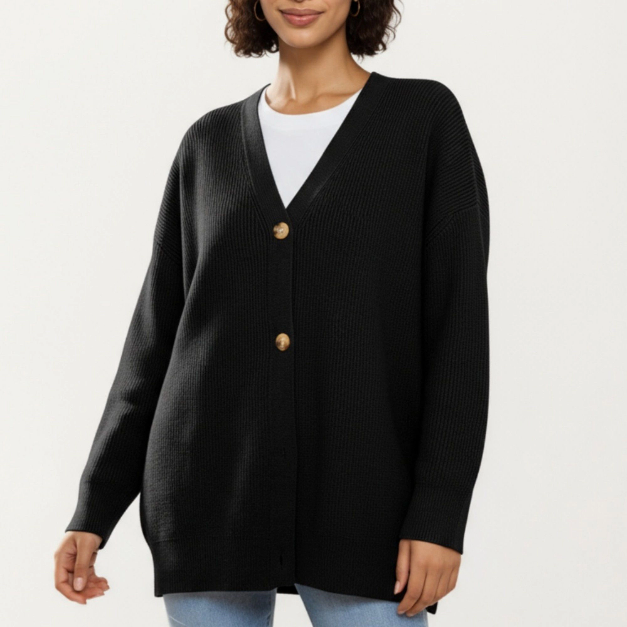 Anna-Kaci Women's Oversized Rib Knit Button Front Cardigan with Relaxed Drop-Shoulder Silhouette and Soft Textured Feel
