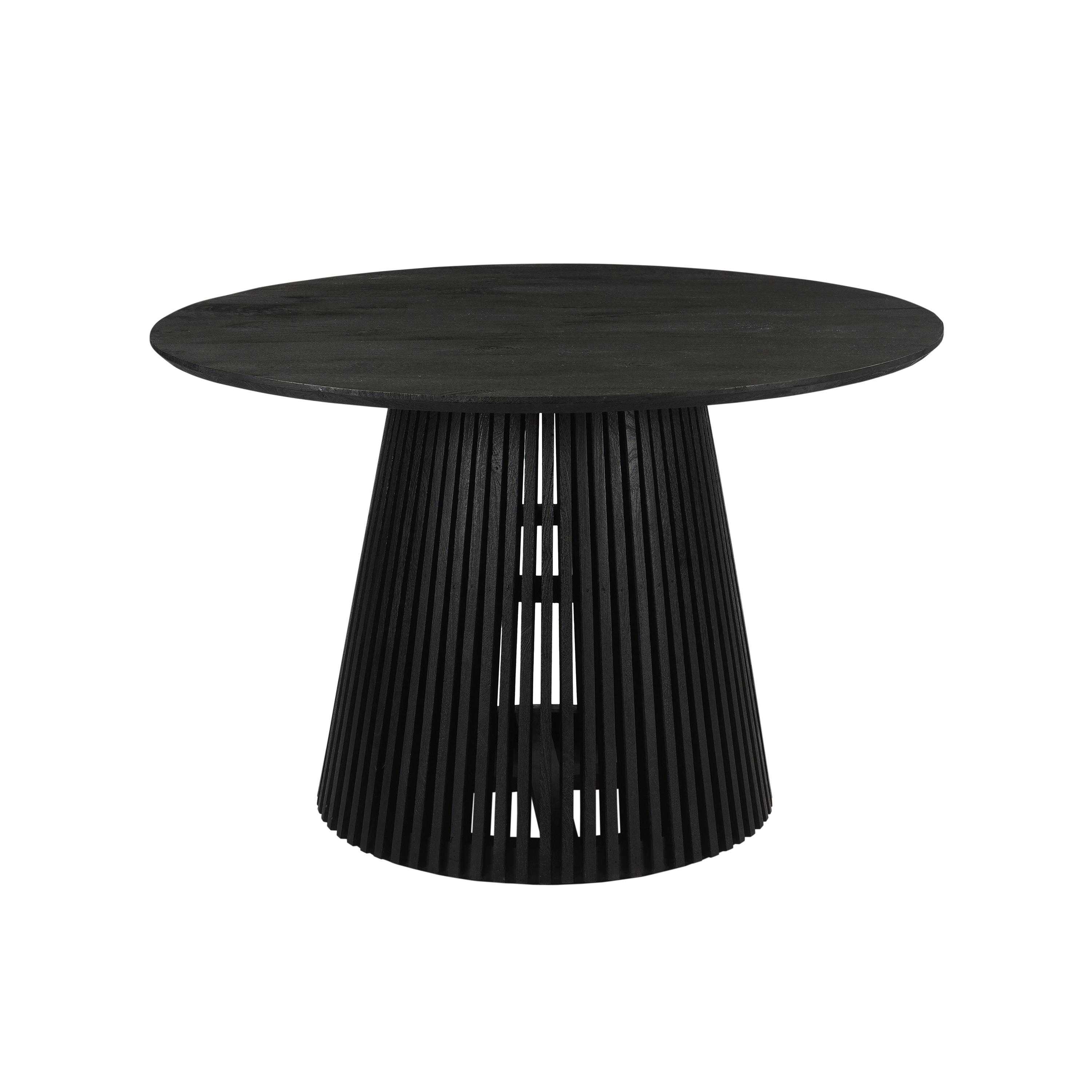 The Urban Port Ridge 47 Inch Handcrafted Mango Wood Round Dining Table, Slatted Flared Base, Black