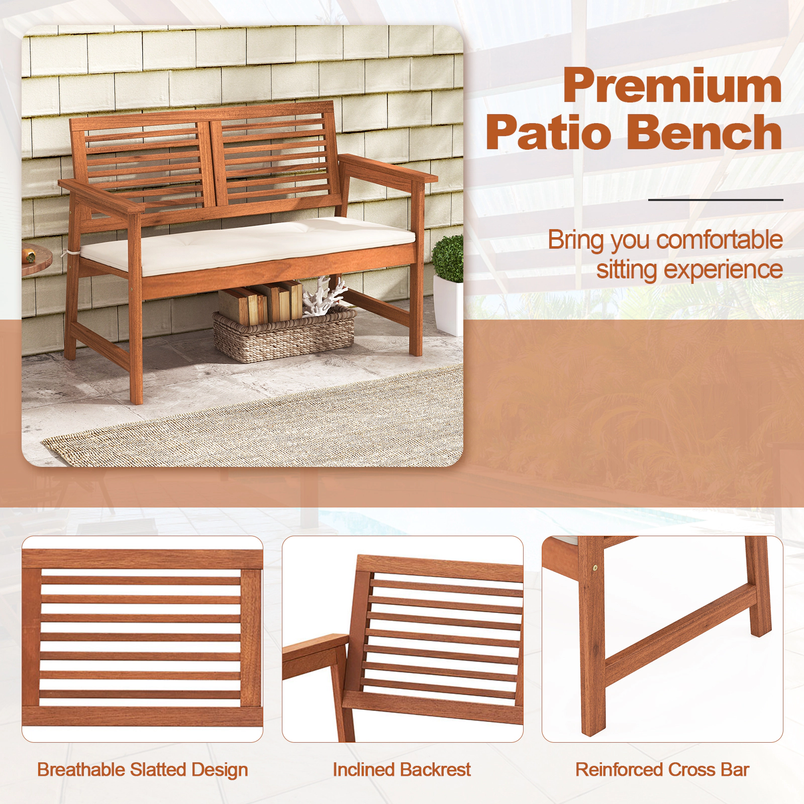 Hivvago 2-Person Solid Wood Patio Bench With Backrest And Cushion