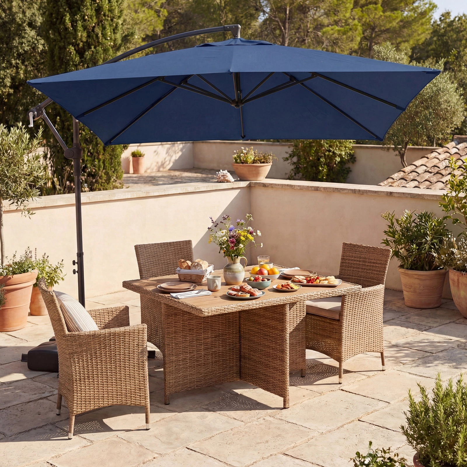 SUGIFT 8 x 8-ft Square Offset Cantilever Patio Umbrella 360° Rotation Double-Tier Polyester Canopy 116-lb Base Capacity