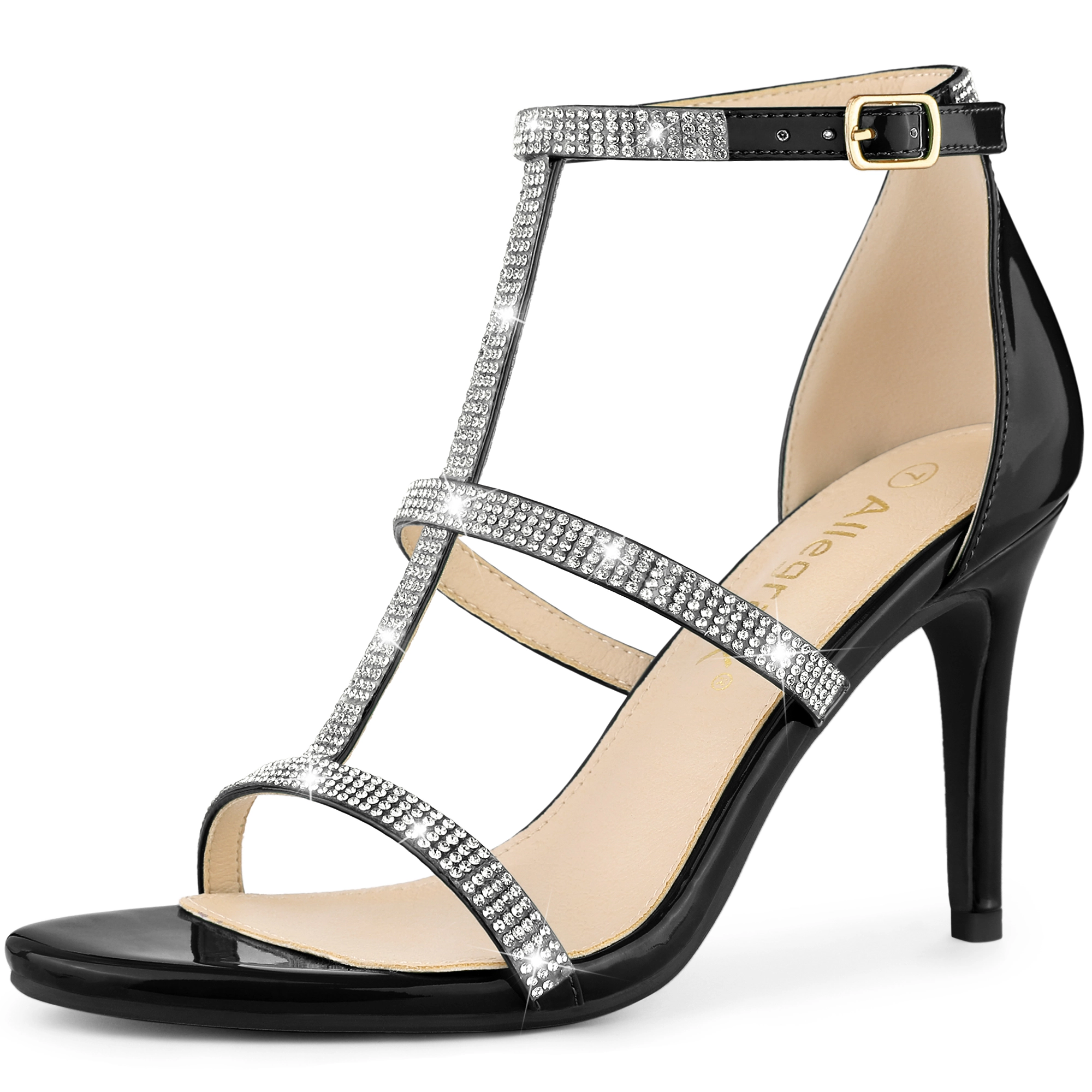 BLISSFUL STEP Women's Rhinestone Ankle Strap Stiletto High Heel Sandals
