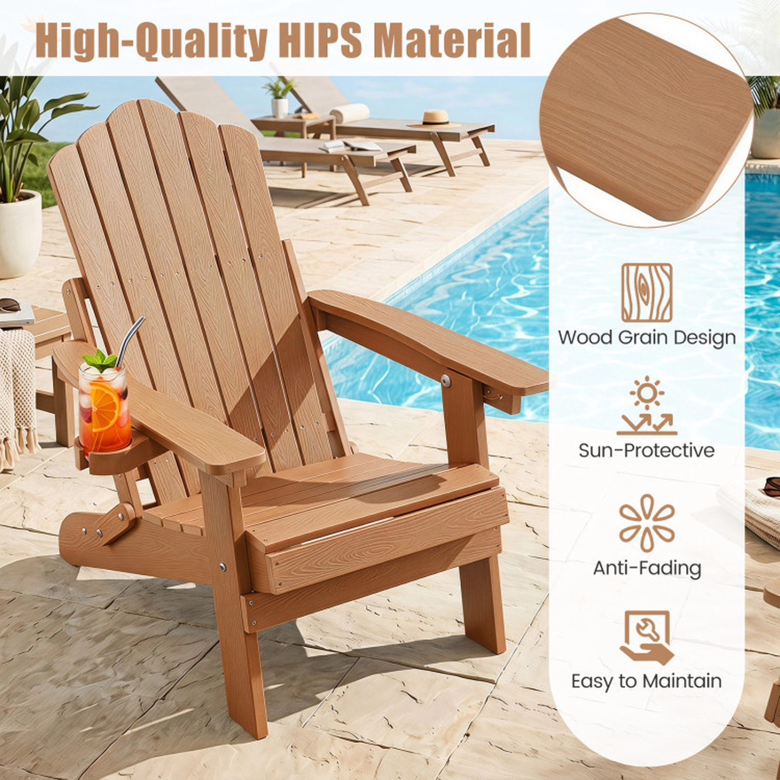 SUGIFT Set of 2 Outdoor Folding Adirondack Chairs with 5-Position Backrest and Cup Holder 330-Lb Capacity Coffee