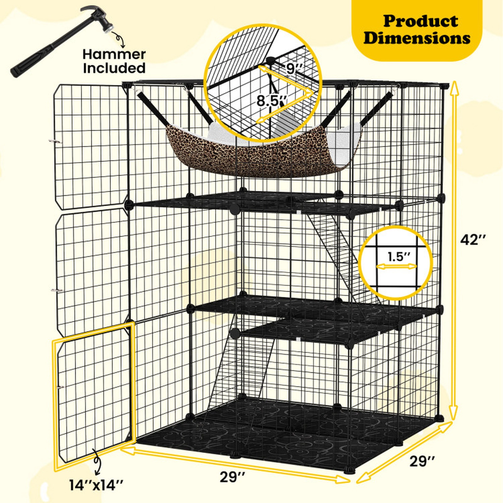 SUGIFT 3-Tier Indoor Cat Cage Black Detachable Metal Wire Enclosure with Hammer and Panels