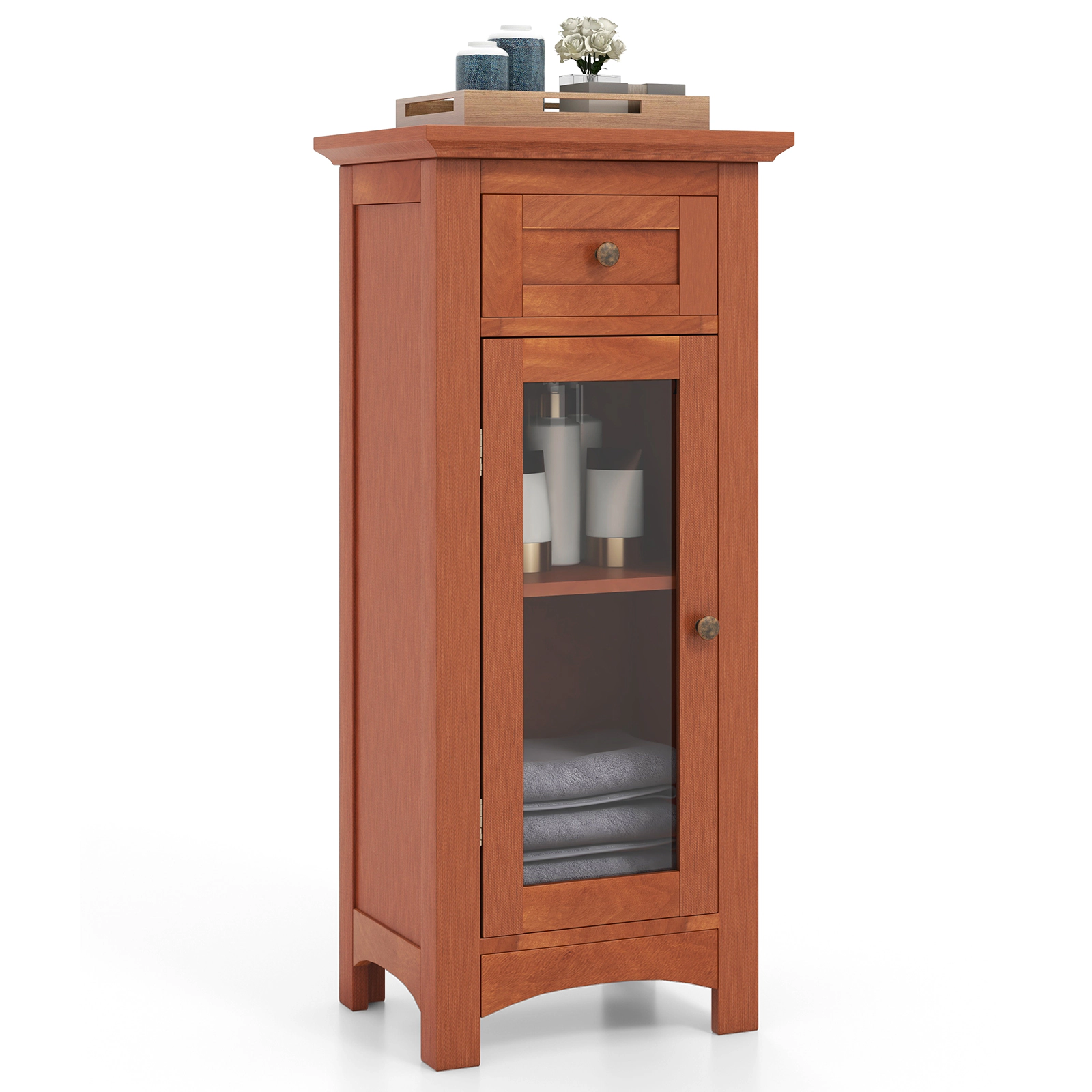 SUGIFT Brown 145-lb Capacity Freestanding Bathroom Storage Cabinet with Single Tempered Glass Door and Drawer