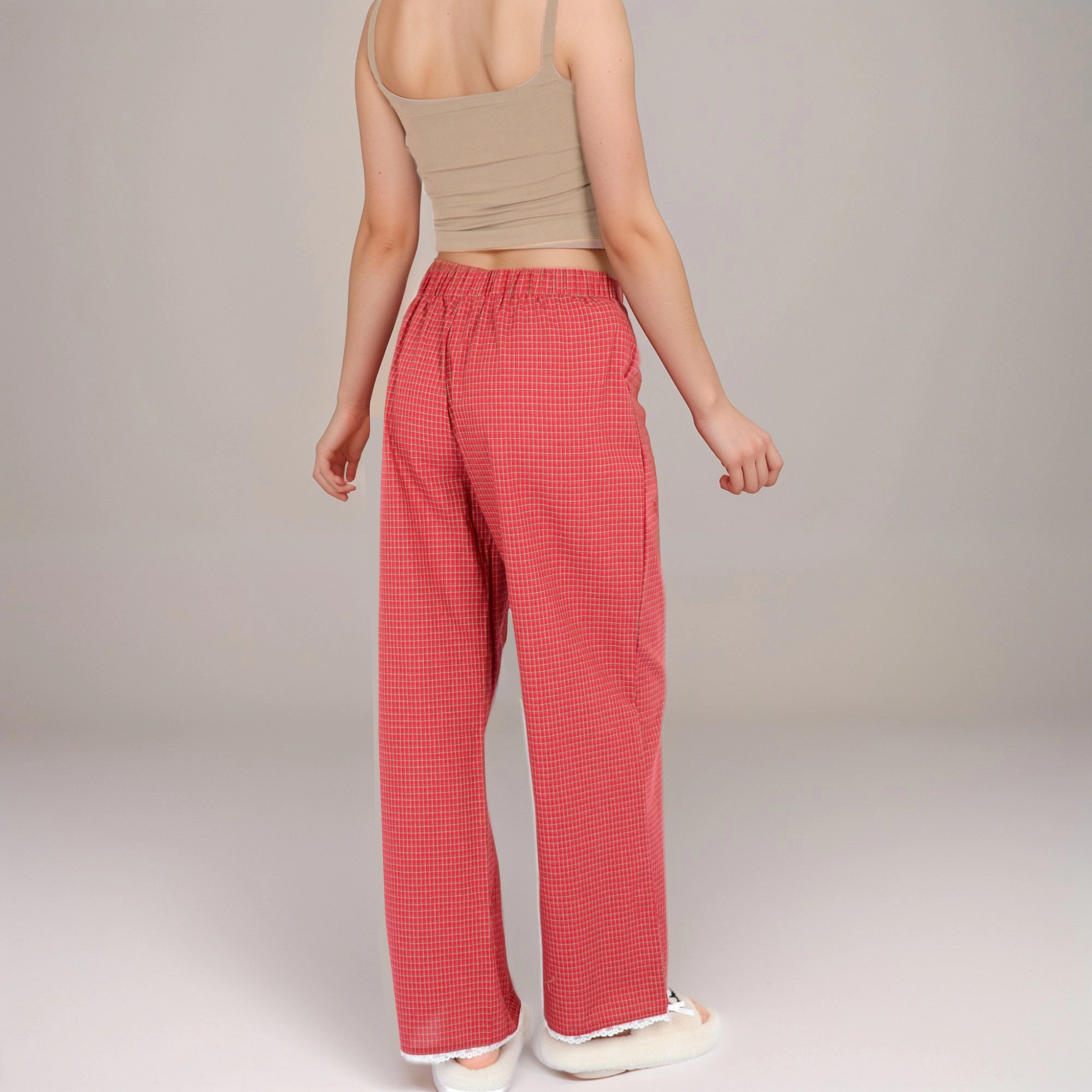 Anna-Kaci Women's Red Checkered Lounge Pants with Elastic Waistband Bow Tie Detail and Relaxed Full-Length Wide Leg Fit