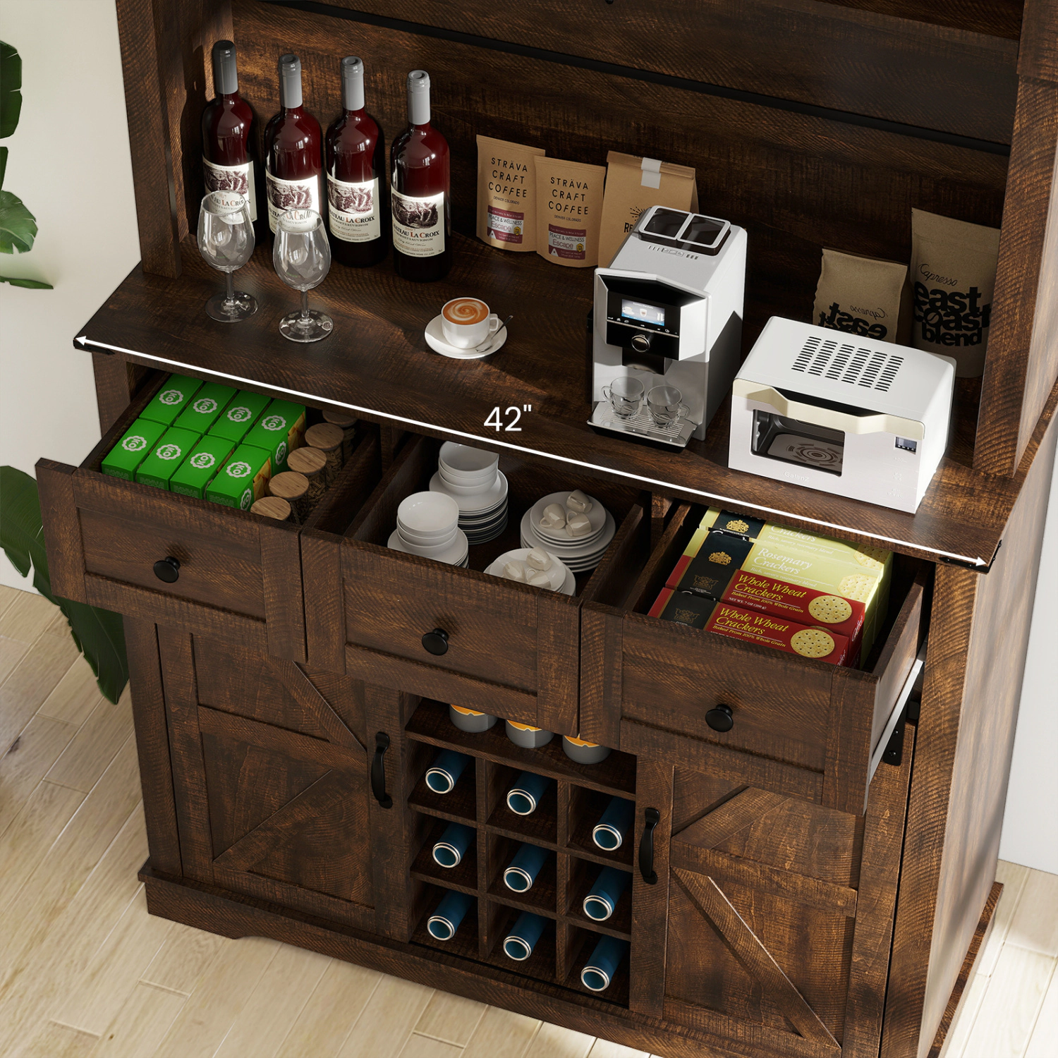 LJG 72 Inch Coffee Bar Cabinet with Drawers and Sliding Barn Doors