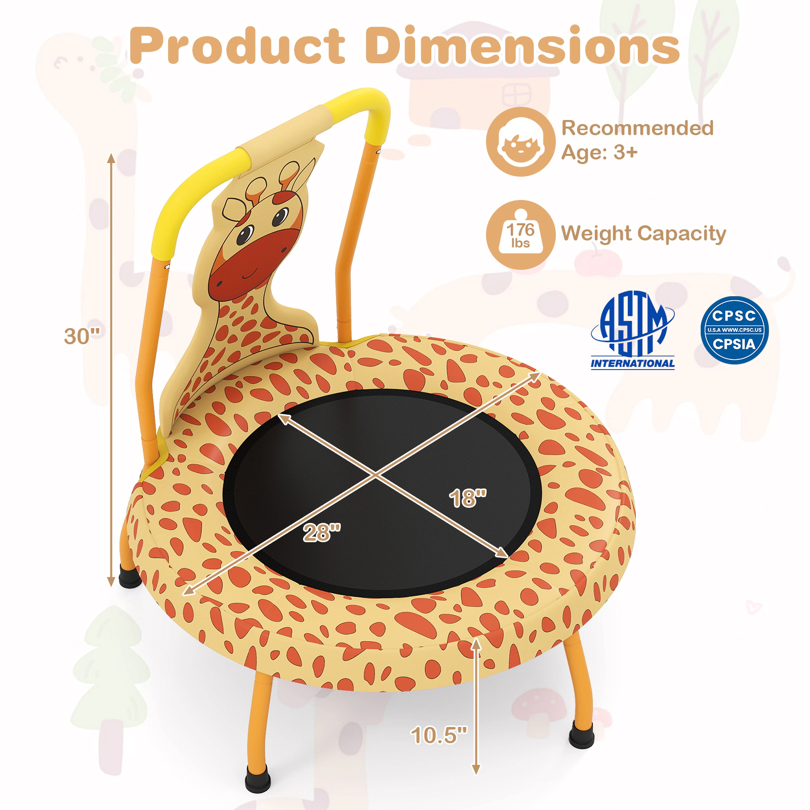SUGIFT Mini Trampoline for Toddlers Orange with Foam Padded Handle and Giraffe Cover
