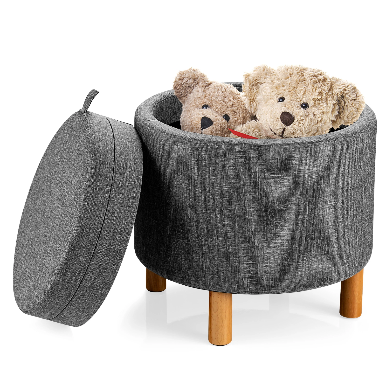 LJG Round Fabric Storage Ottoman with Tray and Non-Slip Pads for Bedroom