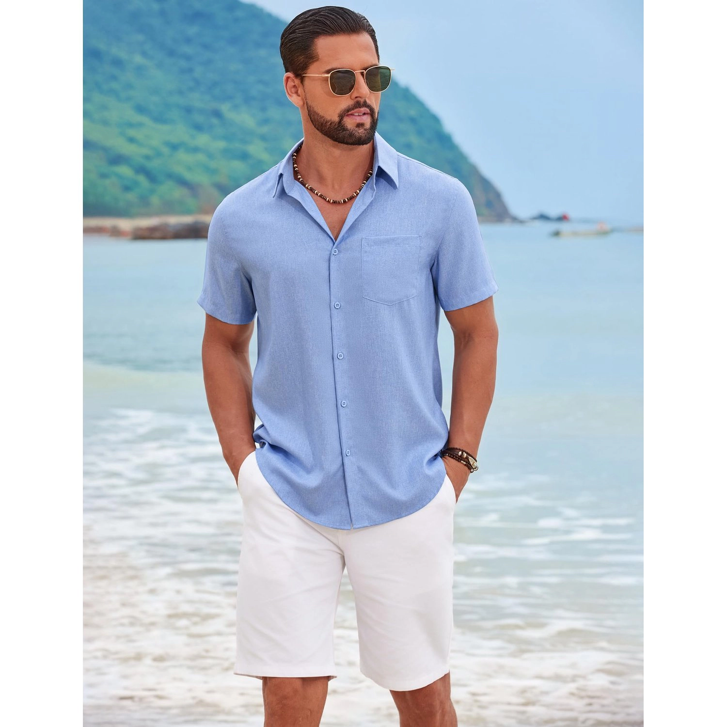 COOFANDY Mens Short Sleeve Button Down Shirt  Lapel Collar Pocket Casual Tops