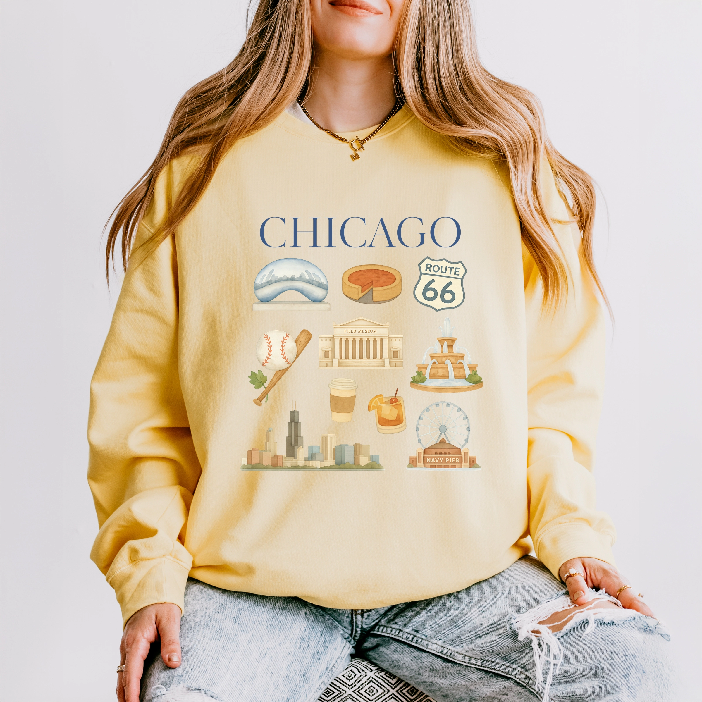 Chicago Watercolor Collage - Women's Lightweight Garment Dyed Sweatshirt