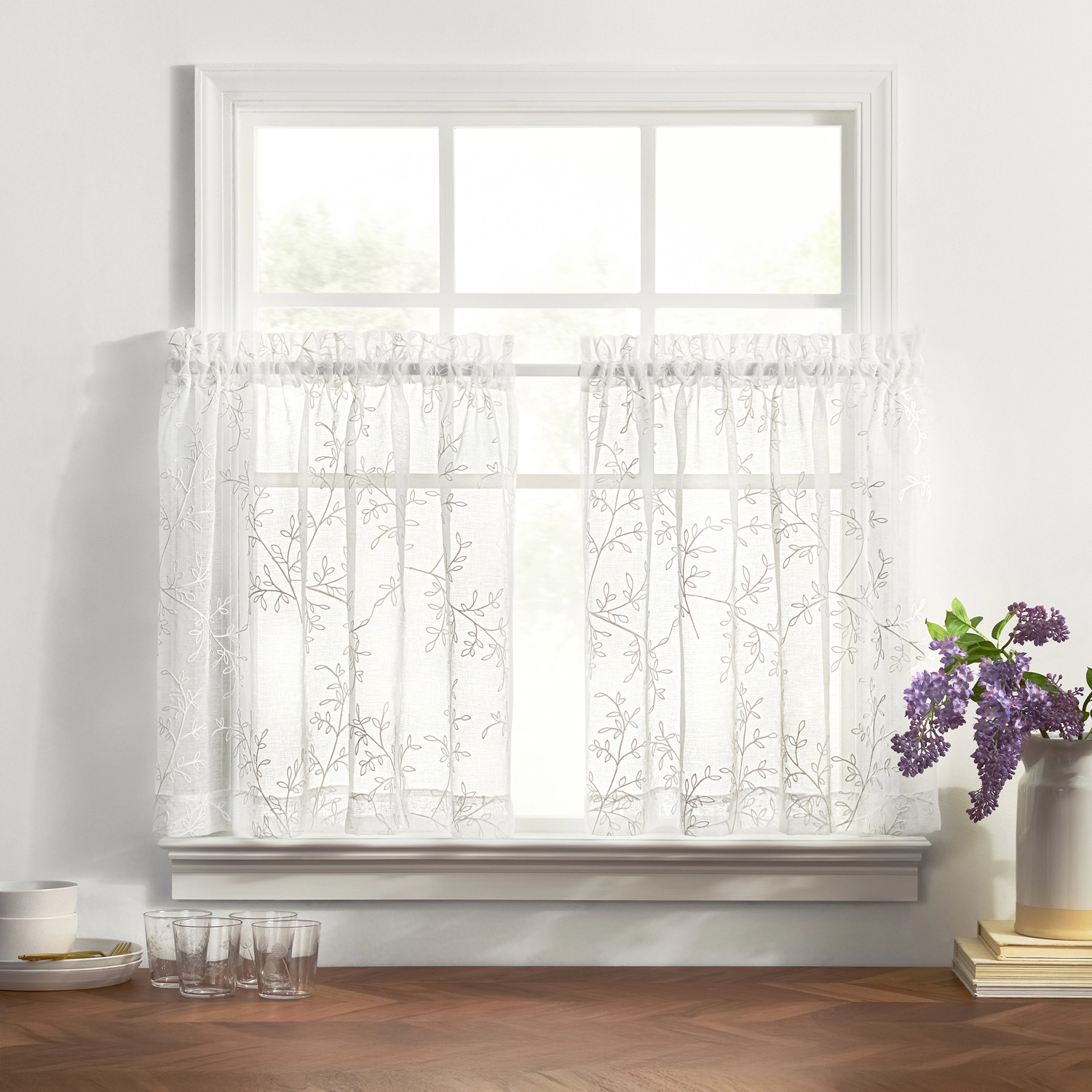 Ellis Curtain Brewster 100% Polyester Embroide Sheer Rod Pocket Tiers