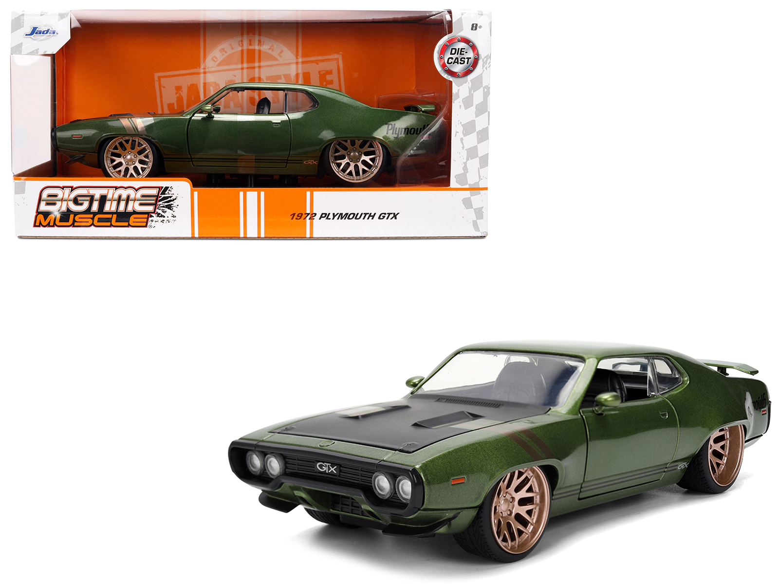 Jada 1972 Plymouth Gtx Green Metallic With Matt Black Hood And Gold Stripes "Bigtime Muscle" Series 1/24