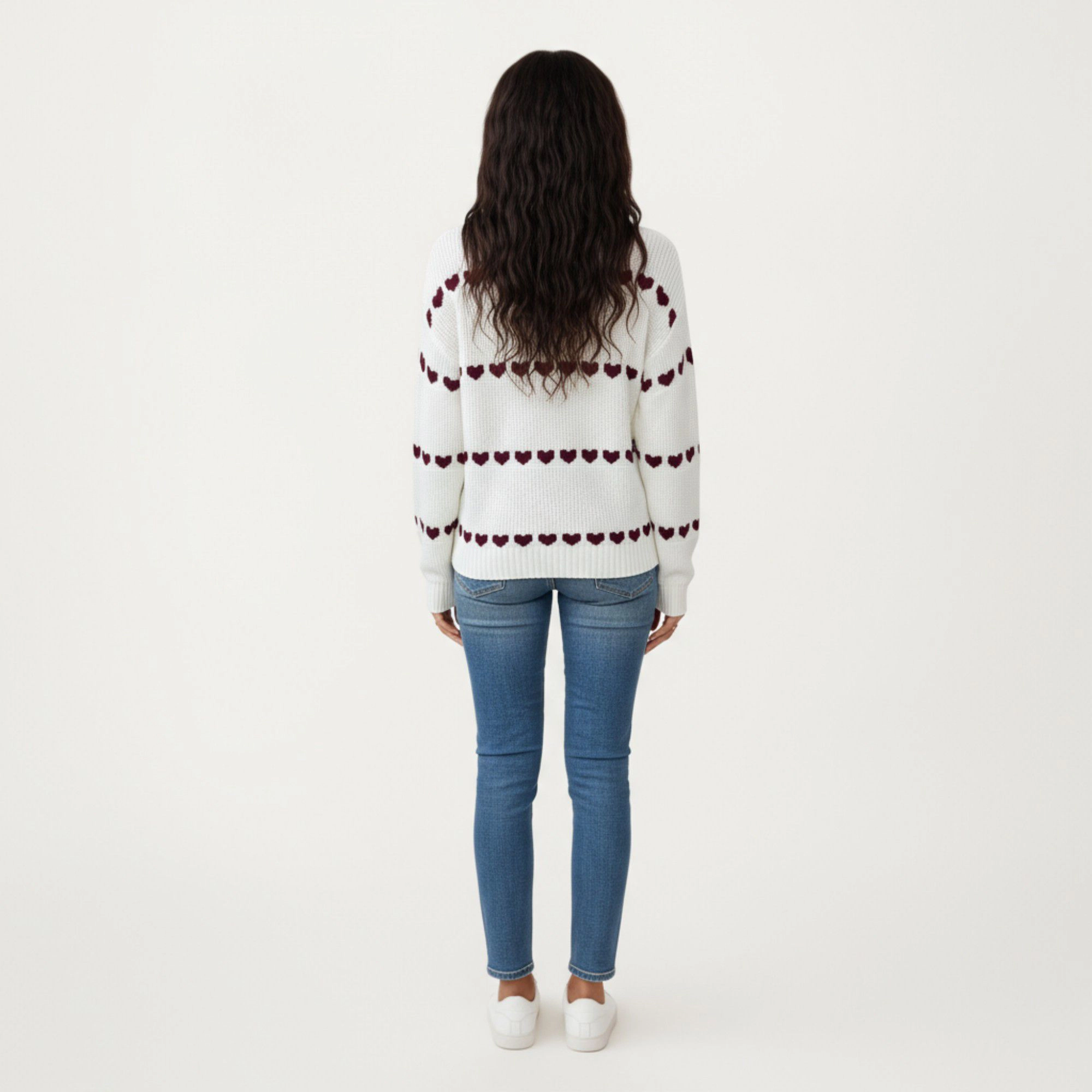 Anna-Kaci Women's Long Sleeve Valentine Knit Sweater with Heart Pattern and Ribbed Trim