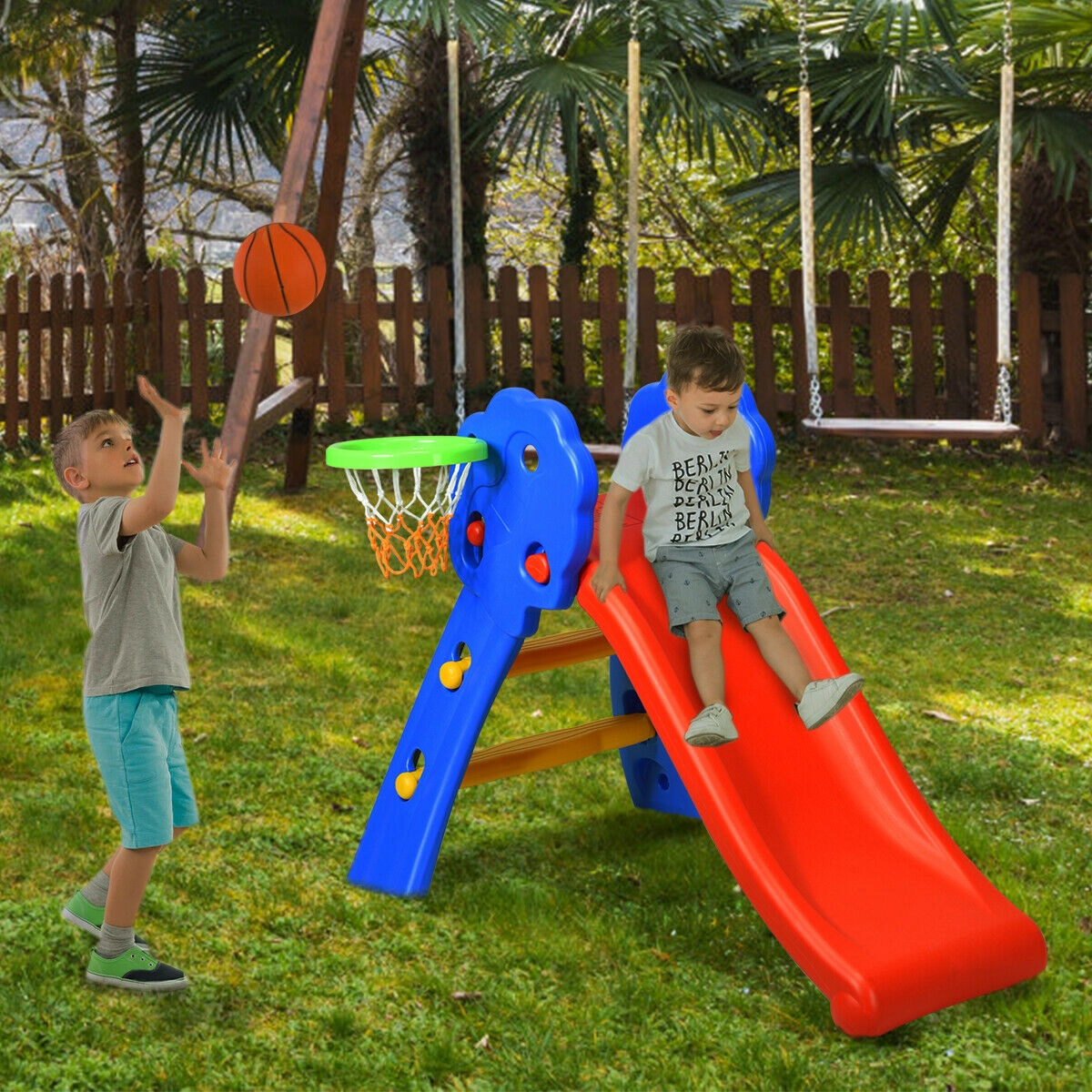 SUGIFT 110-lb Capacity 2-Step Folding Kids Plastic Slide with Basketball Hoop and Non-Slip Ladder