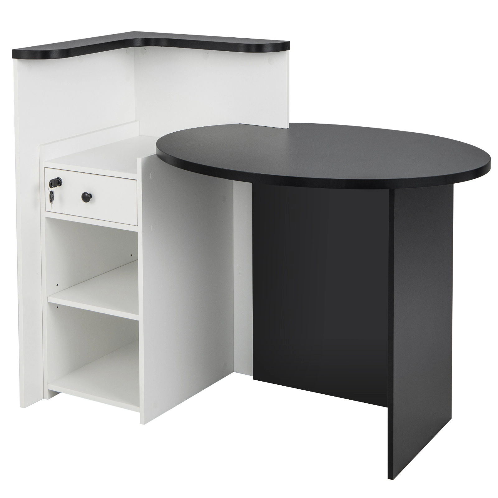 SUGIFT 48-Inch Modern Reception Desk, Black and White Front Counter with Lockable Drawer and Adjustable Shelves