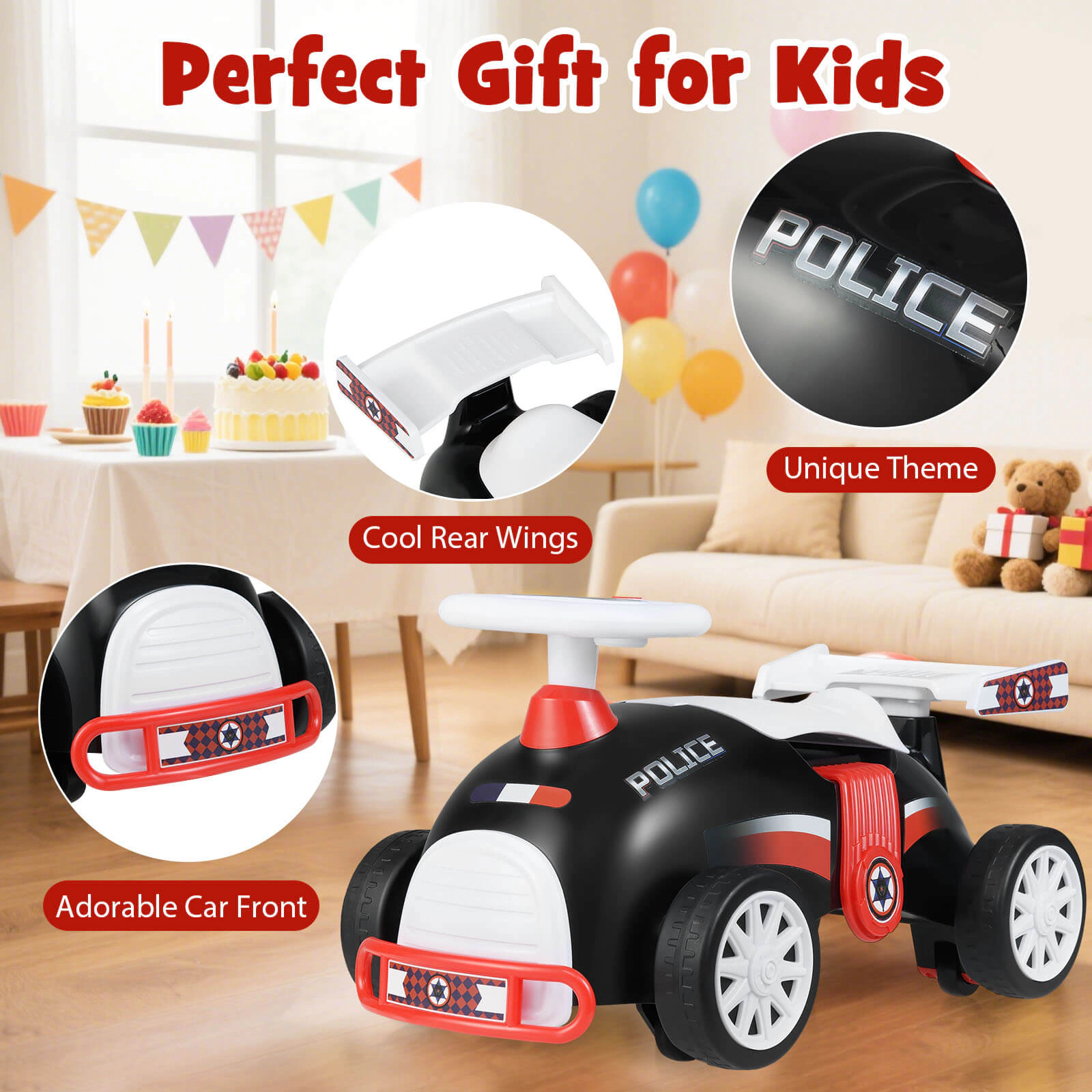 Costway Kids Ride On Push Car with Music Under-Seat Storage Universal Wheels for Boys Girls Black & White