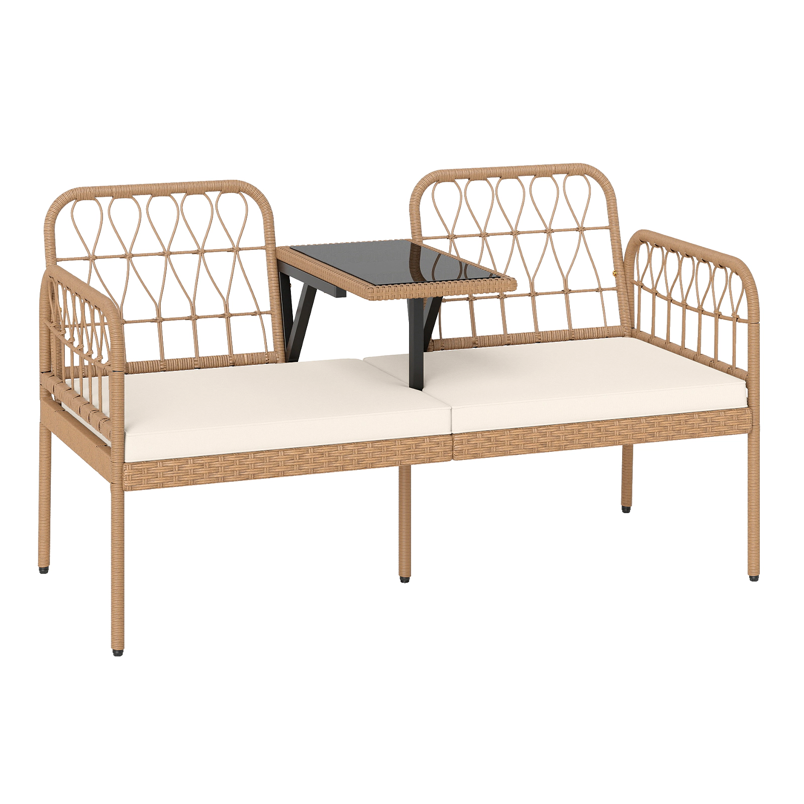 SUGIFT 54-Inch Natural PE Rattan Loveseat with Built-In Glass Table