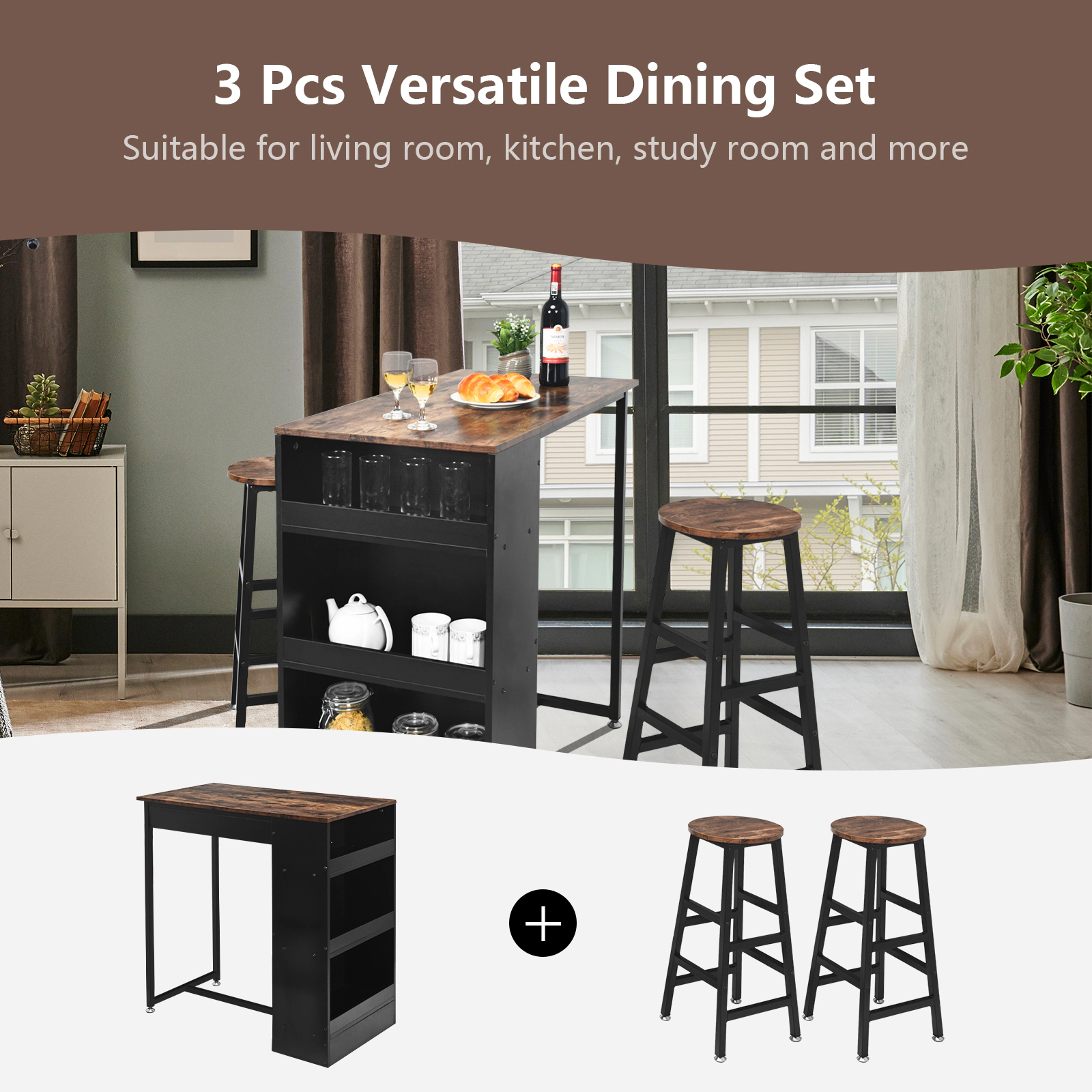 SUGIFT 3-Tier Storage Bar Dining Set with Table and Chairs 132-lb Table Capacity 64-lb Net Weight As Picture Shows