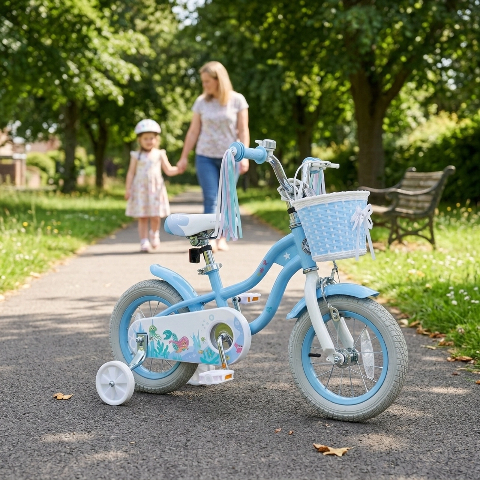 12-in Girls Bike with Removable Basket Streamers and Training Wheels for Ages 3-4 Mermaid Graphics Kids Bicycle