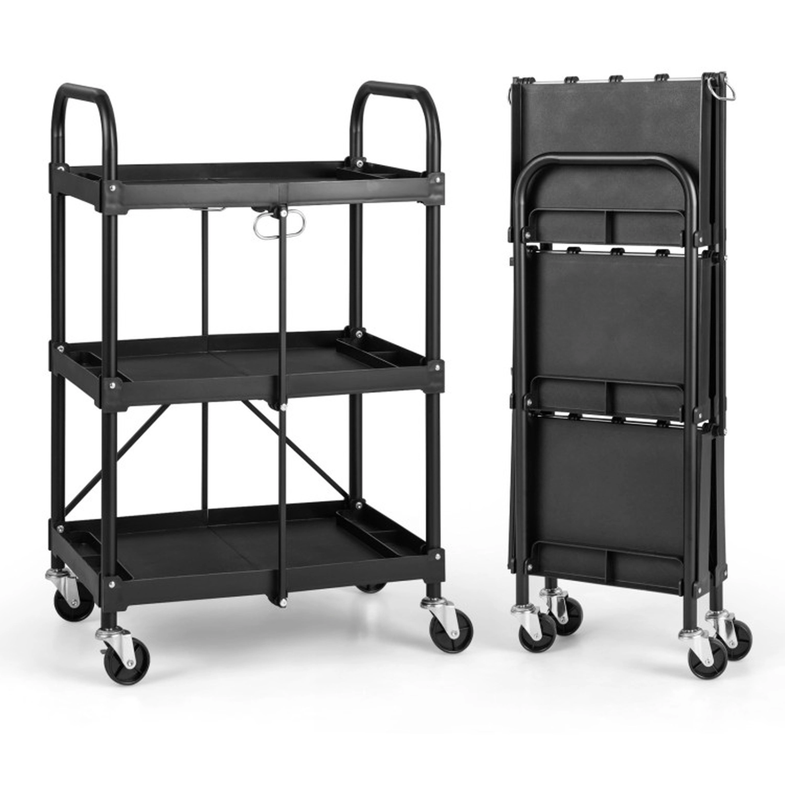 SUGIFT 3-Tier Folding Metal Frame Lockable Wheels Rolling Service Cart 24-in x 16-in x 38.5-in 33-lb per Shelf Black