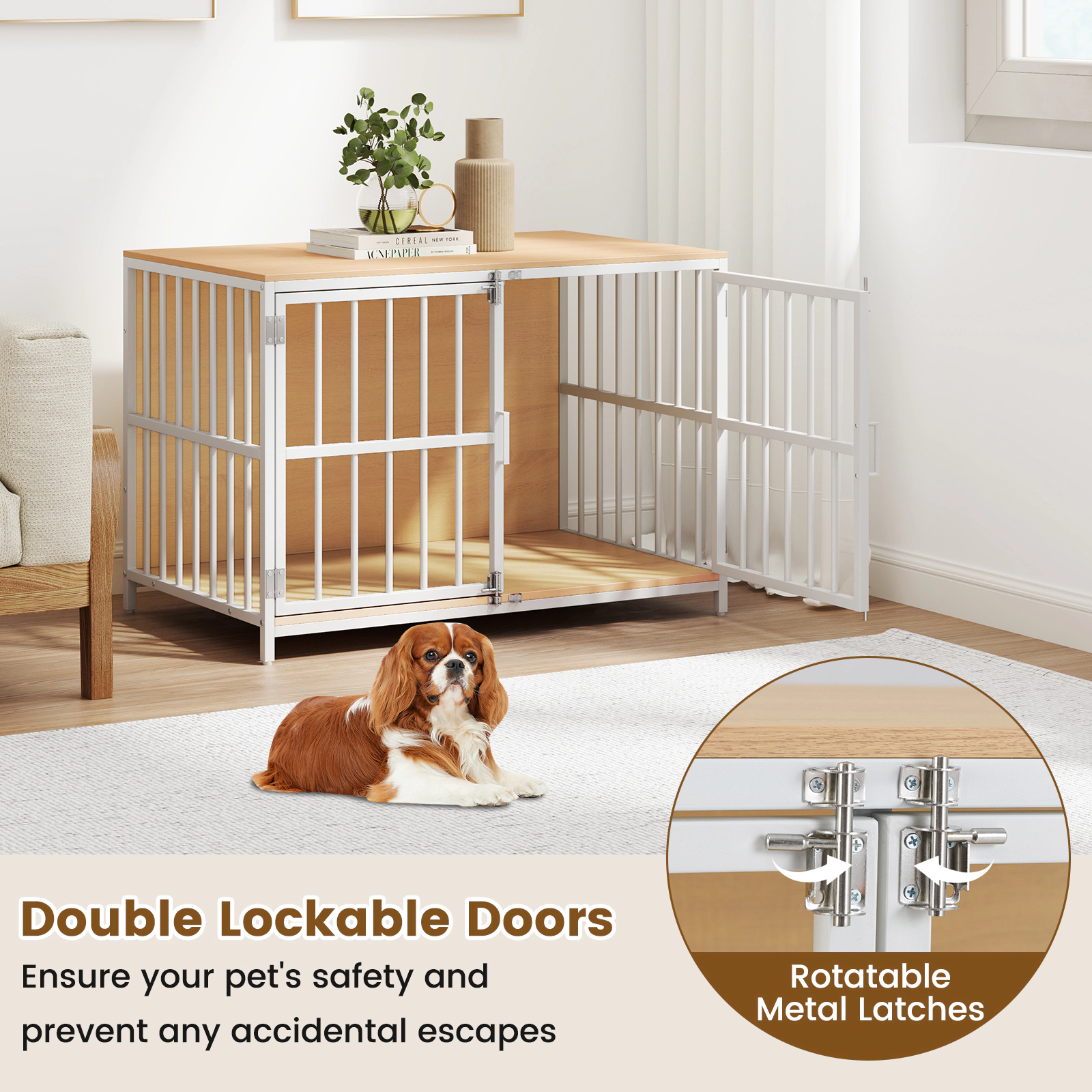 SUGIFT 40 in Dog Crate Furniture Natural Wooden Kennel with Dual Lockable Double Doors