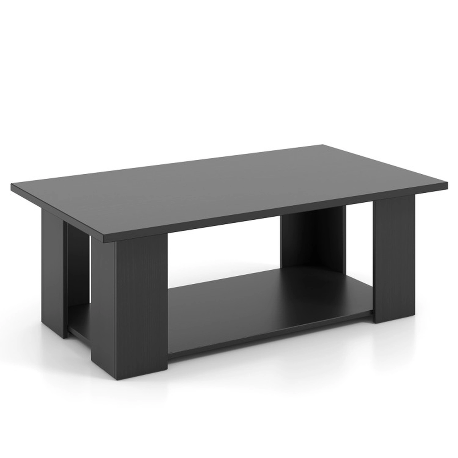SUGIFT 41-in 210-lb Capacity Black 2-Tier Wooden Modern Coffee Table with Open Storage Shelf and Support Legs