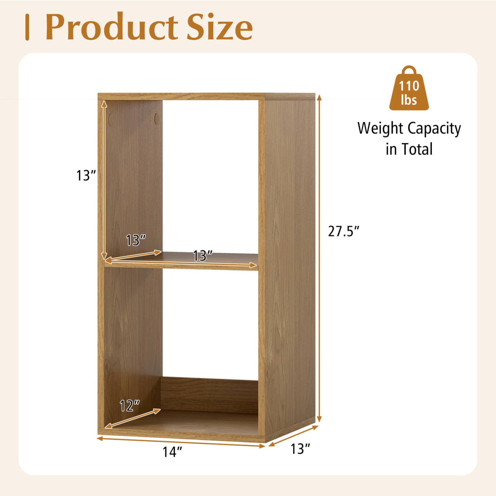 SUGIFT 2-Cube Bookshelf with Back Guardrail 27.5-in Tall 110-lb Capacity Natural