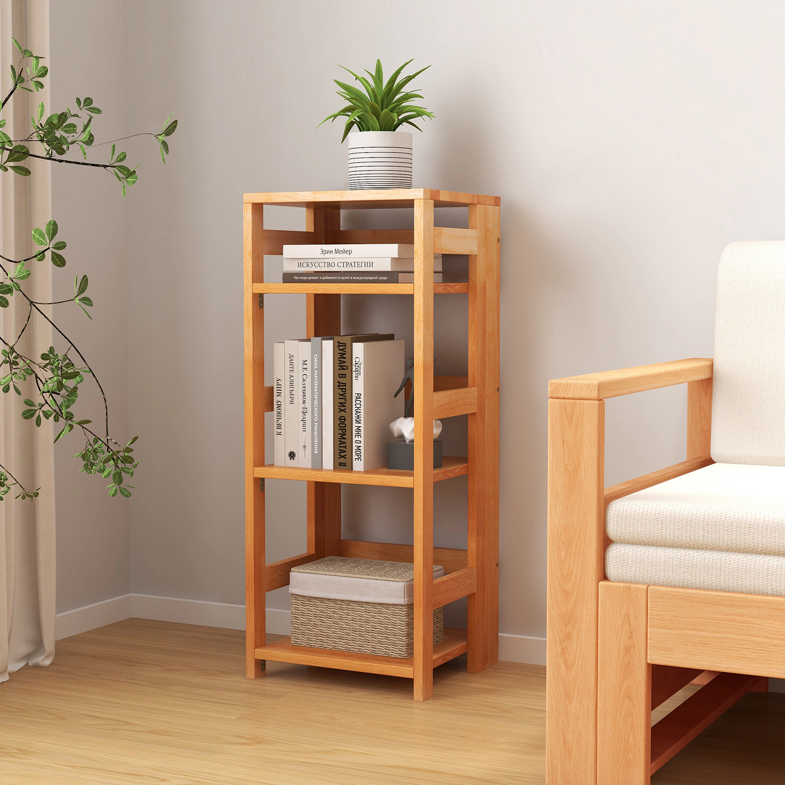 SUGIFT 4-Tier Natural 14-in Wide Solid Rubber Wood Bookshelf with Side Guardrails and 2 Anti-Toppling Kits