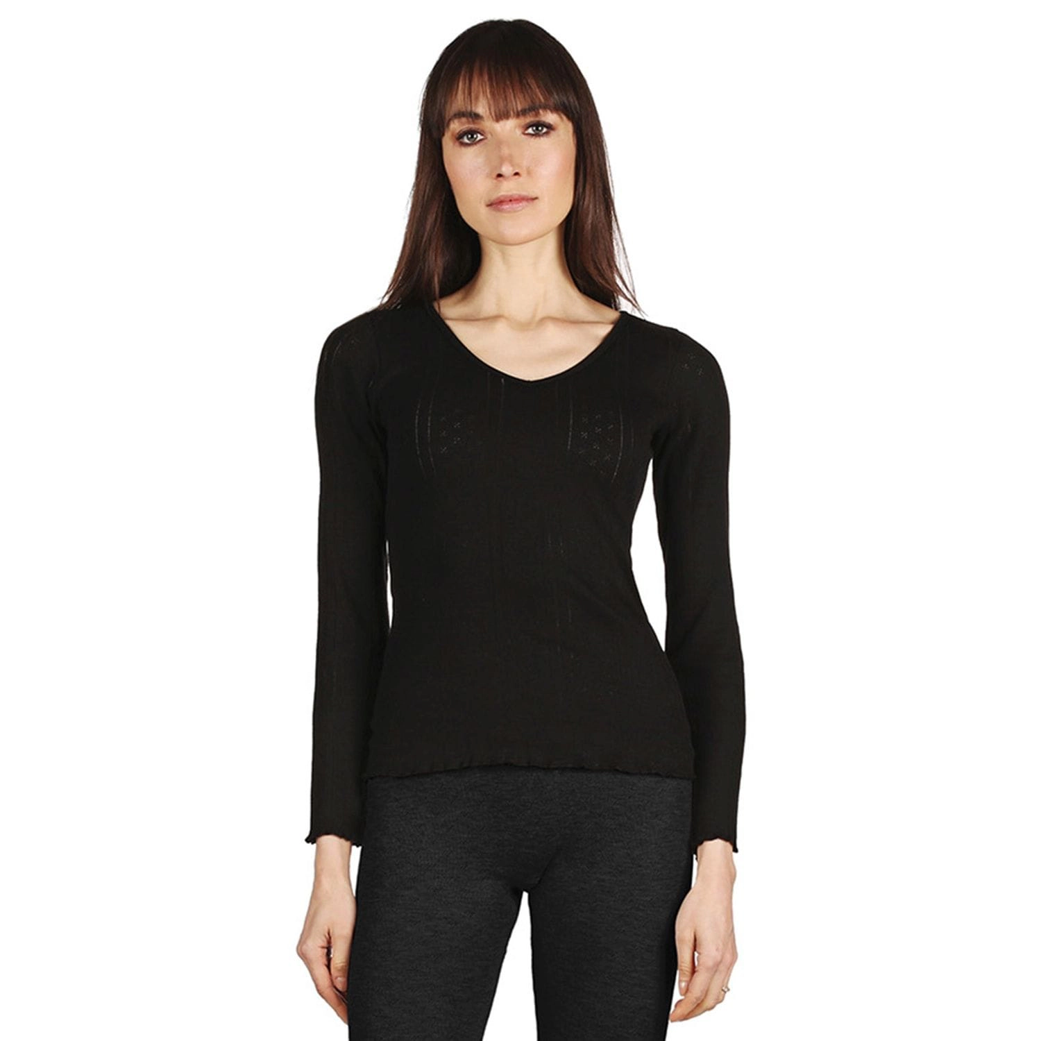 Memoi Women's Pointelle Rib Knit Seamless Long Sleeve Top