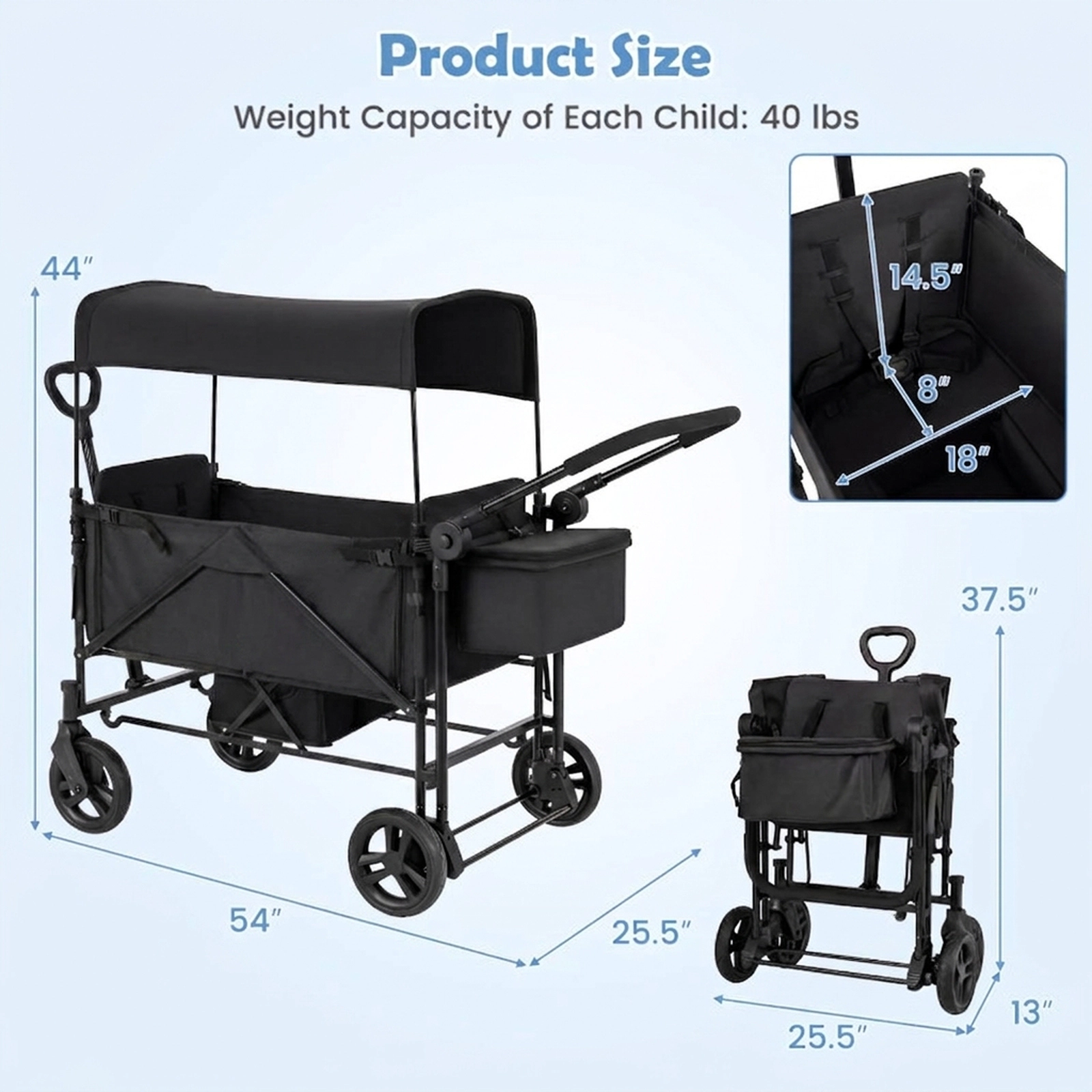 SUGIFT Toddler Black 2-Seat Wagon Stroller with Removable Canopy 54-in W 25.5-in D 44-in H 40-lb Per Seat