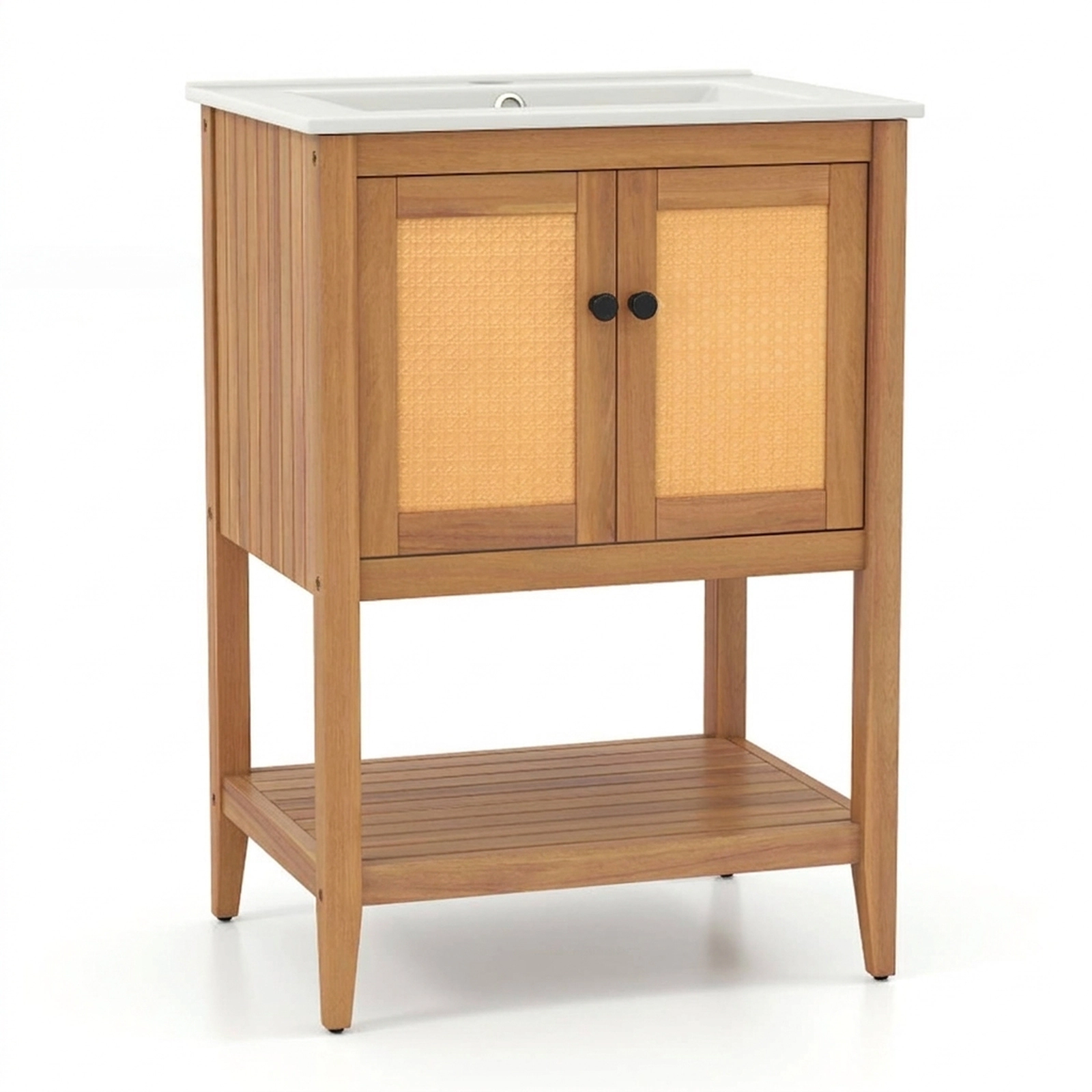 SUGIFT 2-Door Rattan Ceramic Sink Slatted Shelf Acacia Wood Bathroom Vanity 24-in x 18-in x 34-in 70-lb Capacity Natural