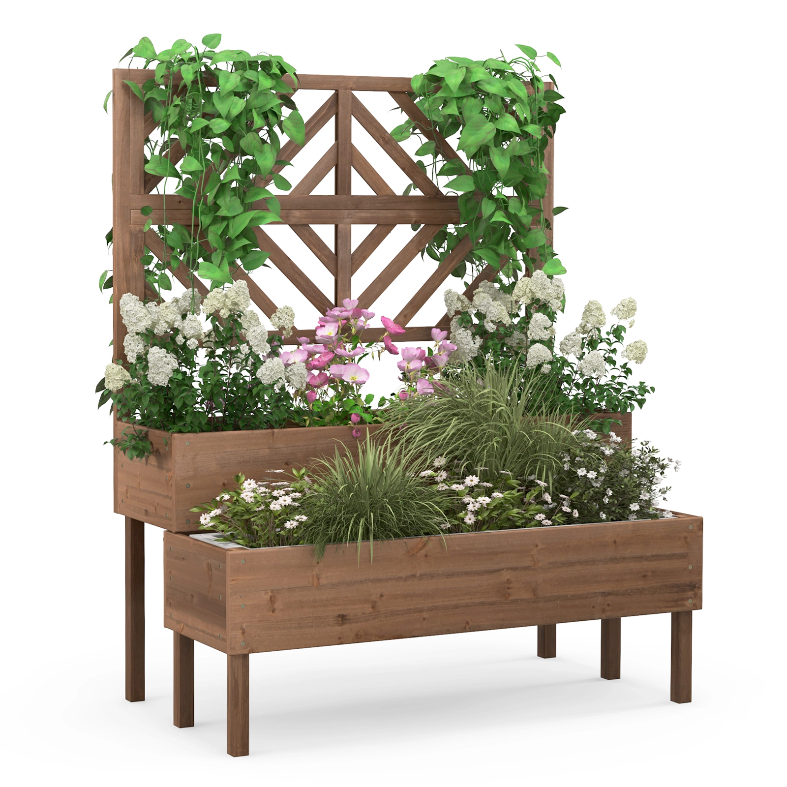 SUGIFT 2-Tier Brown Wood Raised Garden Bed with Climbing Trellis 43-in W 24.5-in D 53-in H 110-lb Per Box
