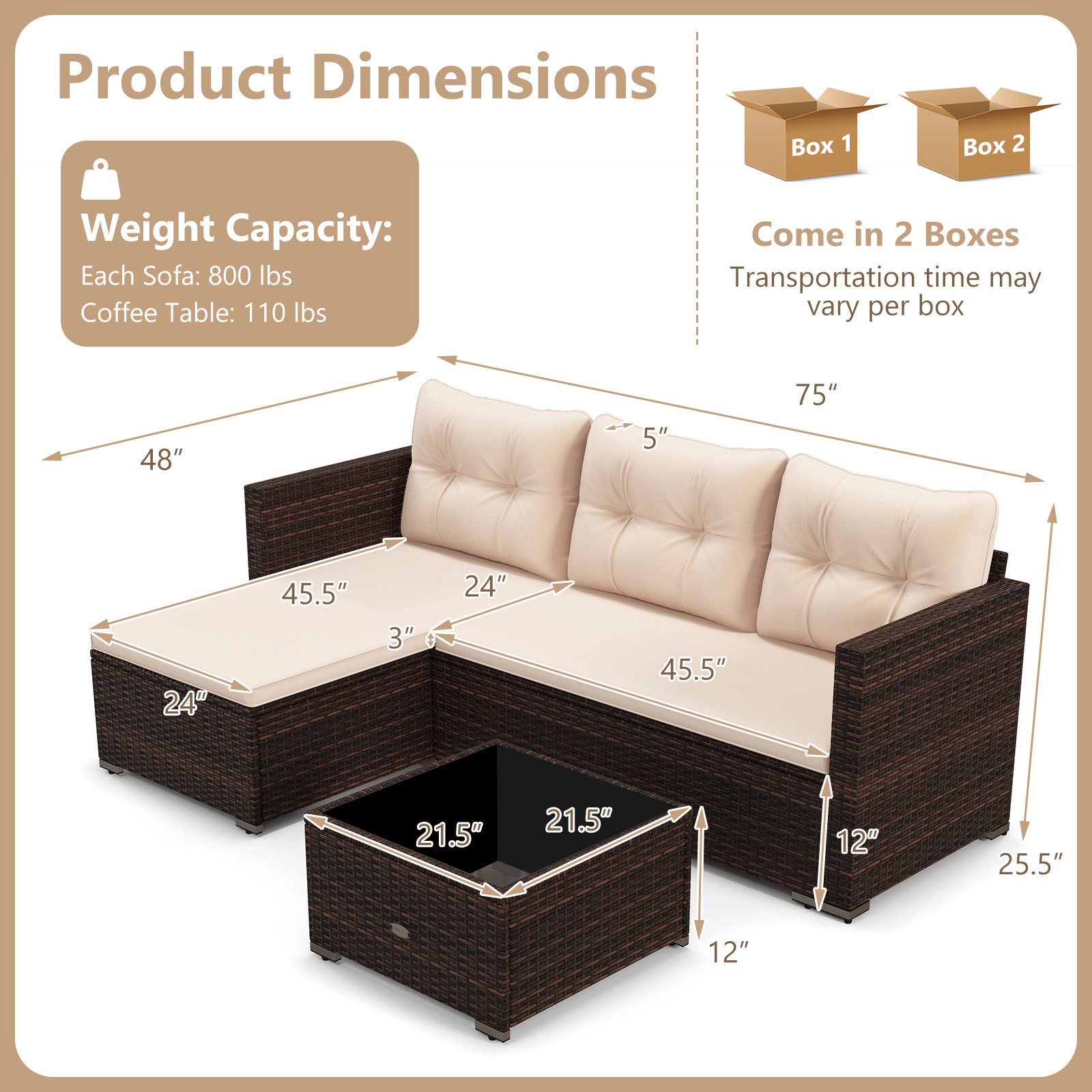 LJG 4 Seats Outdoor Wicker Furniture Set with Tempered Glass Coffee Table and Soft Cushions