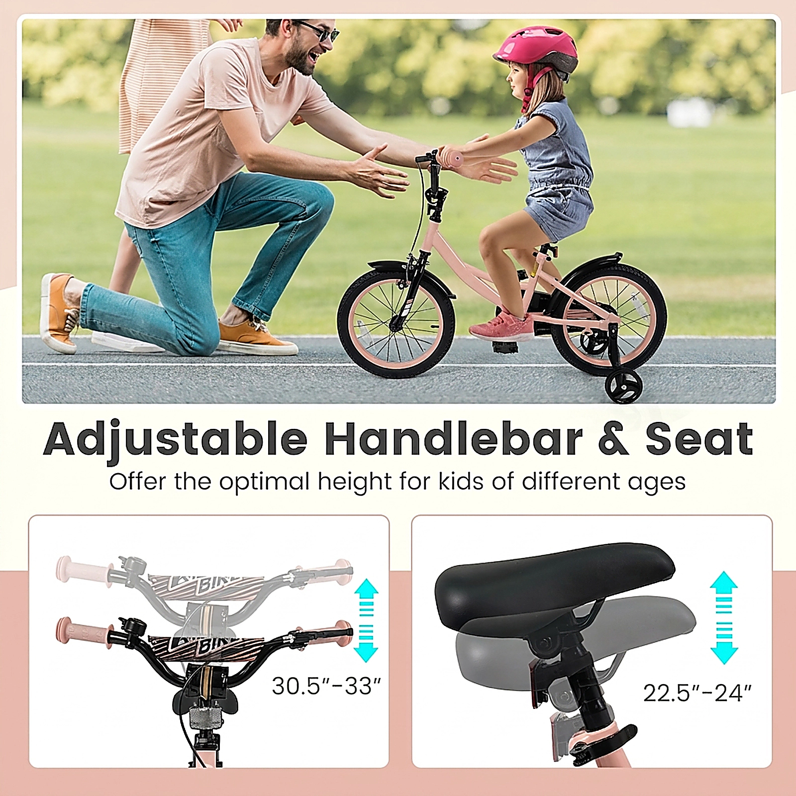 SUGIFT Adjustable 16-In Kids Bicycle with Removable Training Wheels 145-lb Capacity Ages 4-7 Pink Metal Frame