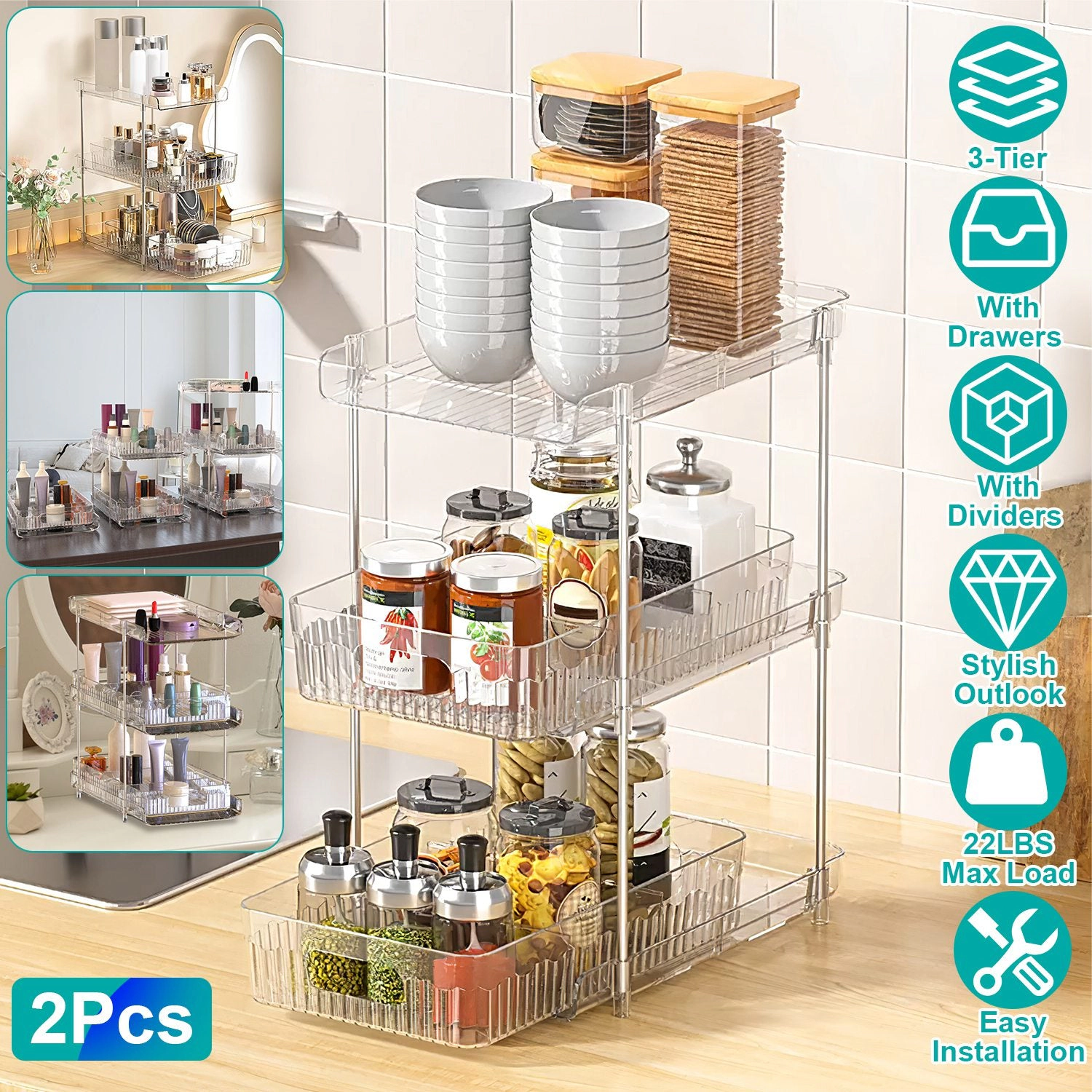 GBruno 2-Pack 3-Tier Clear Organizer With Drawers