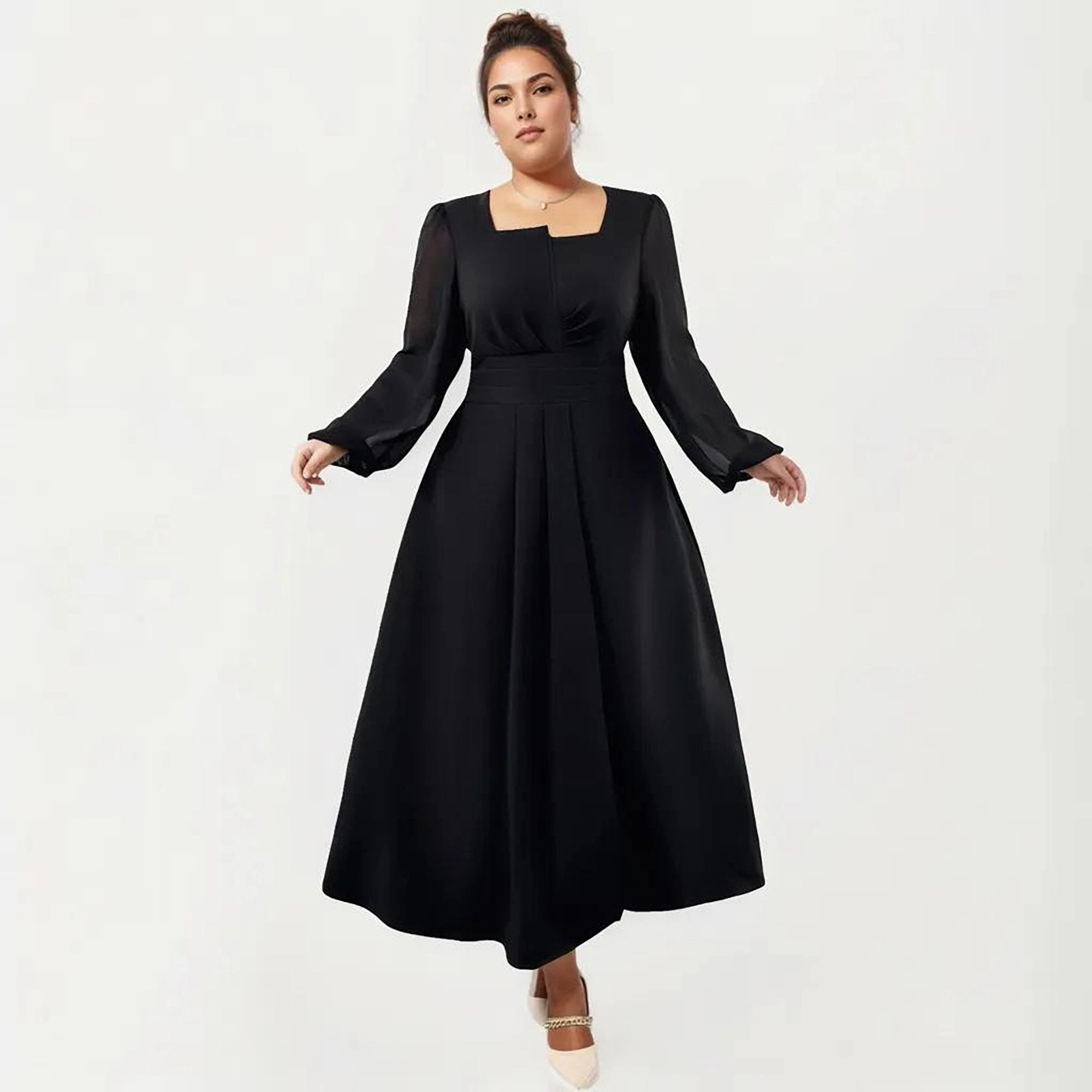 Anna-Kaci Women's Plus Size Long Sleeve Square Neck Pleated Waist Detail Flowy A Line Silhouette Midi Dress