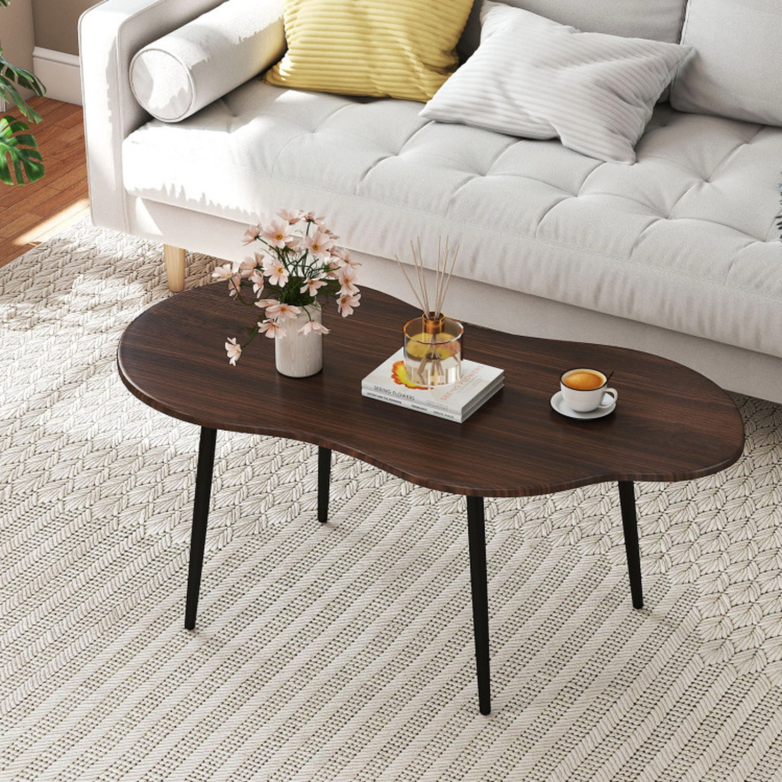 SUGIFT Cloud Shape Irregular Coffee Table 110-lb Capacity Walnut