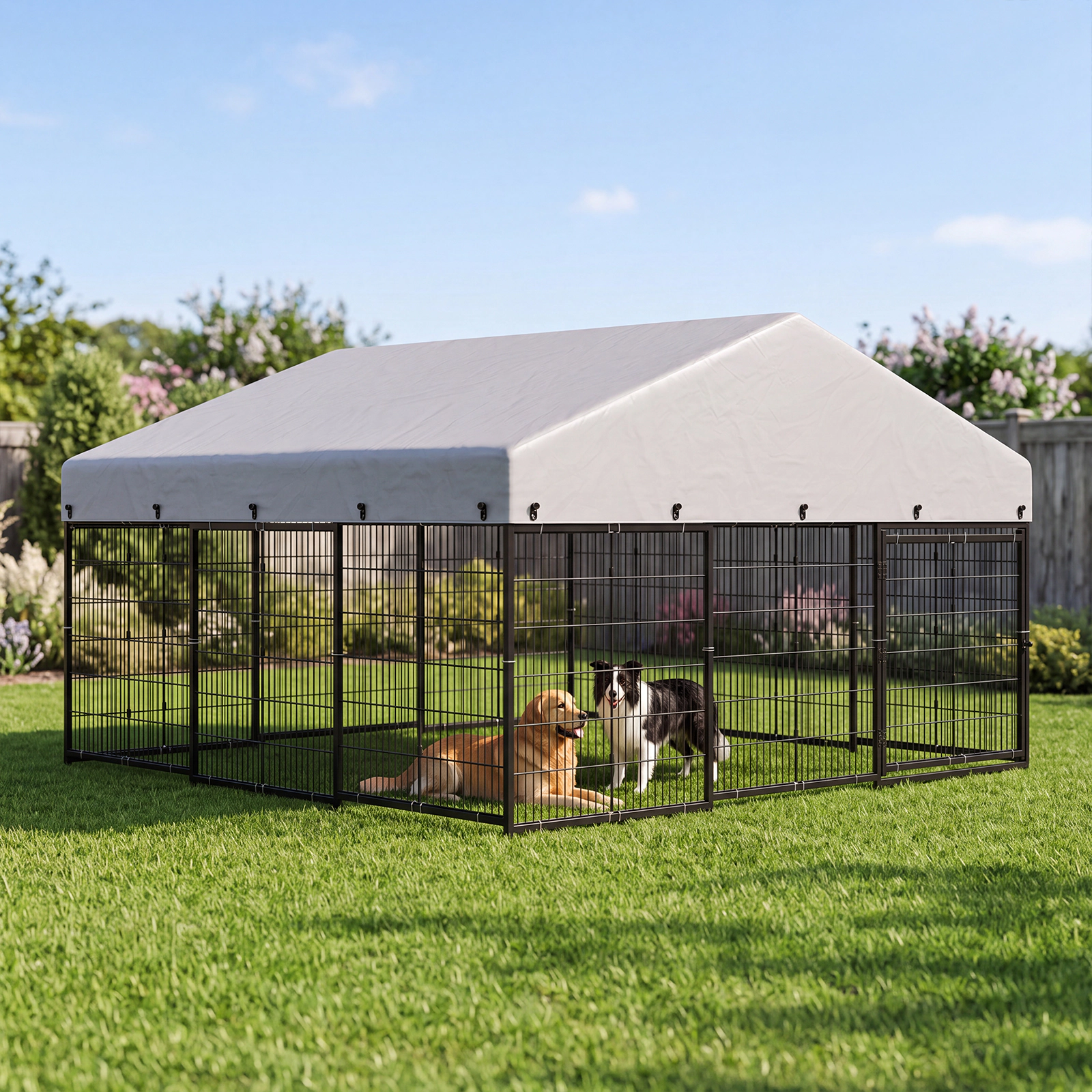 Petony Large Outdoor Dog Enclosure, Heavy Duty Galvanized Steel Cage with Roof & Double Safety Locks