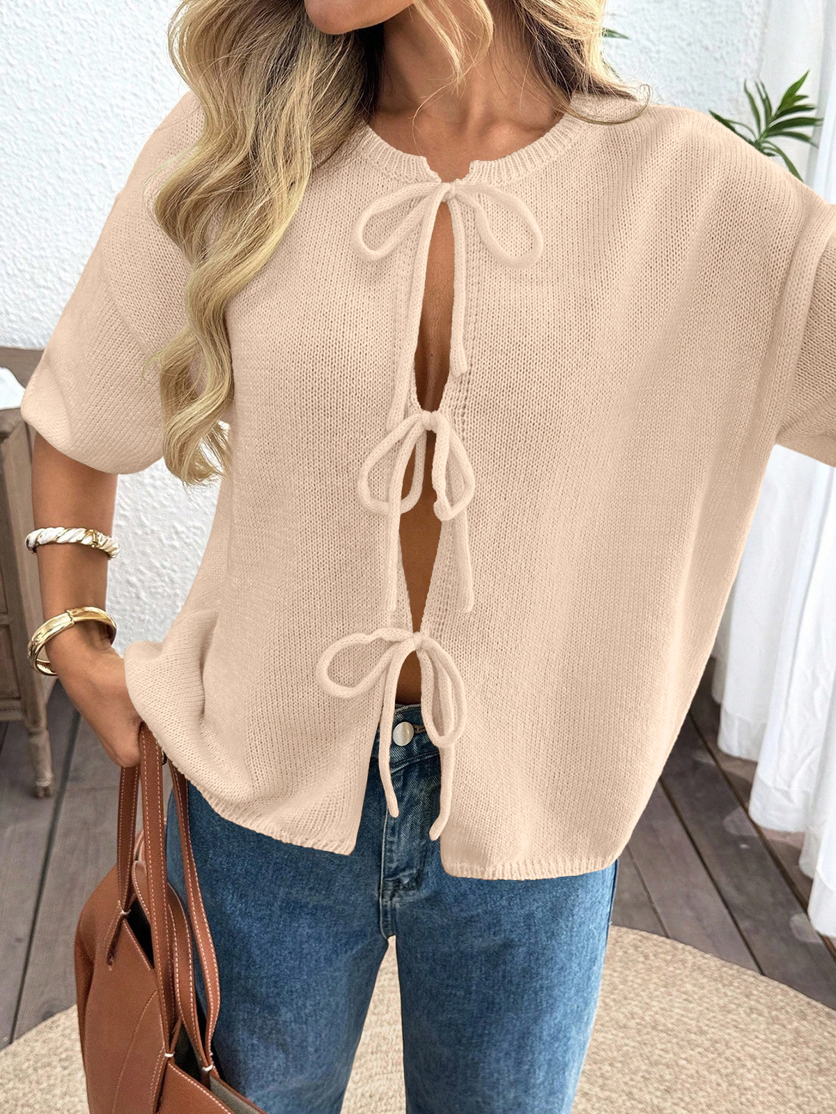 KOJOOIN Women's Tie Front Cardigan Short Sleeve Knit Top Crew Neck Ribbed Trim Loose Fit Tops