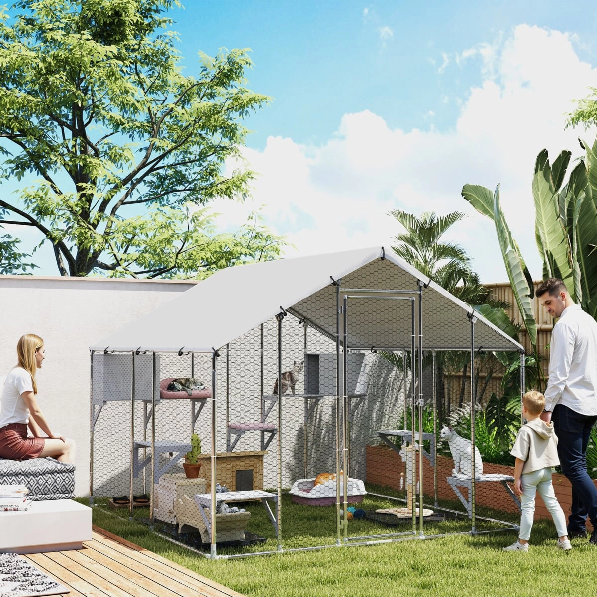 212 Main 94.5 in. PawHut Metal Outdoor Catio with Waterproof Cover - 2 Resting Boxes - 7 Jumping Platforms, Silver