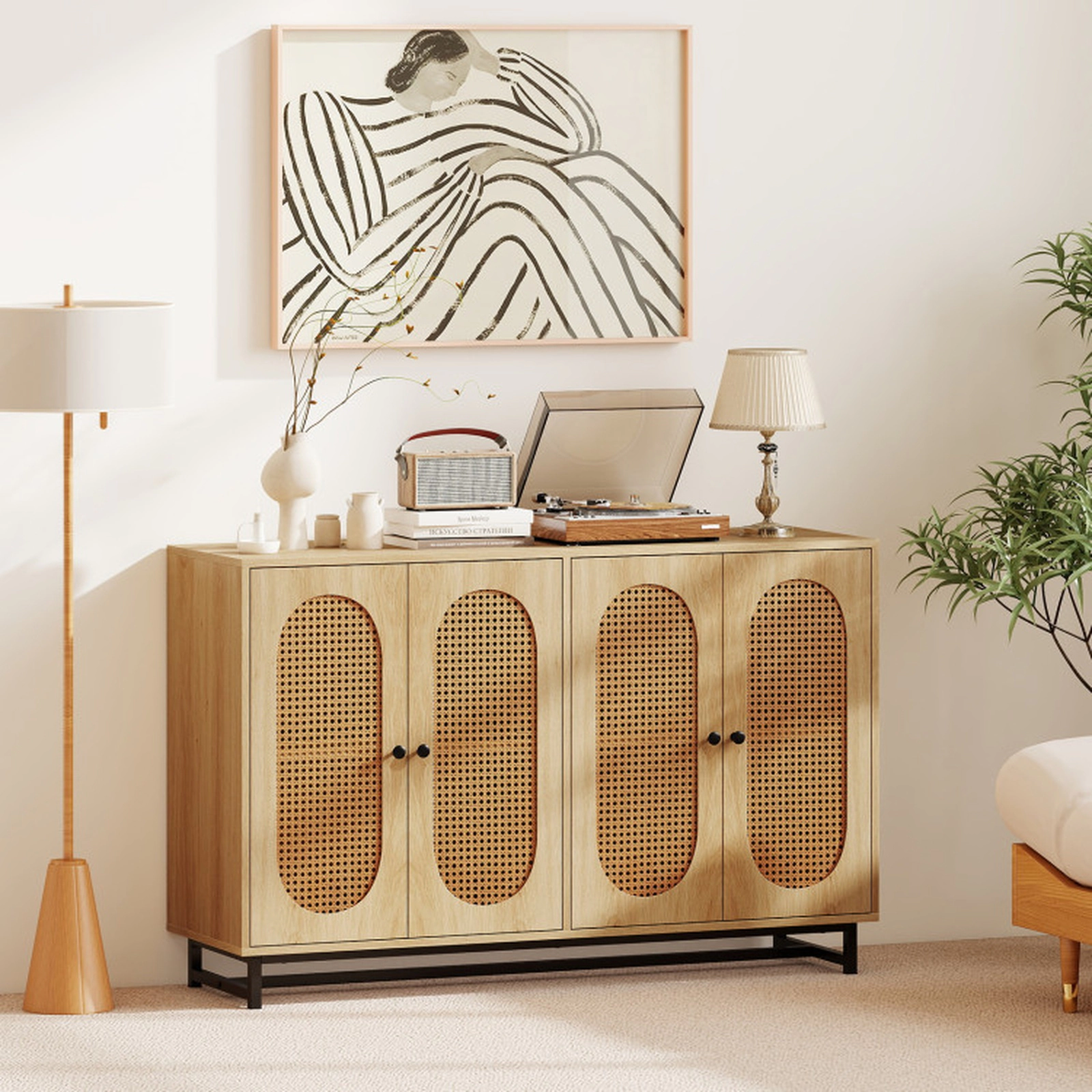 SUGIFT 4 PE Rattan Doors 2 Compartments Buffet Sideboard Cabinet 50-in x 16-in x 32-in 242-lb Capacity Natural